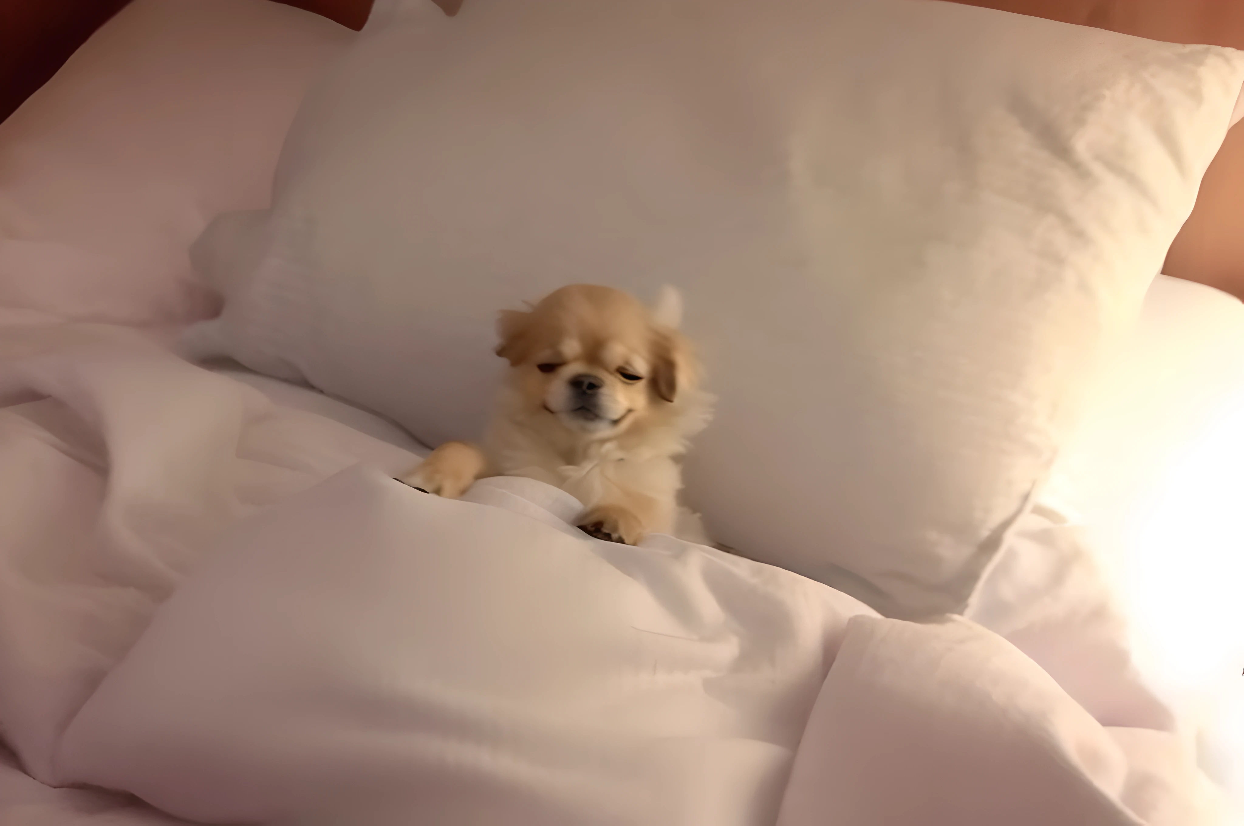 There was a small dog lying on the bed, while posing in the same bed, sit on a bed, Lie down in bed, Cute dog, dog sleeping, lying at the bed, waking up, Lying in bed, Lie down in bed, bed is not made, someone in home sits in bed, relaxing after a hard day --auto