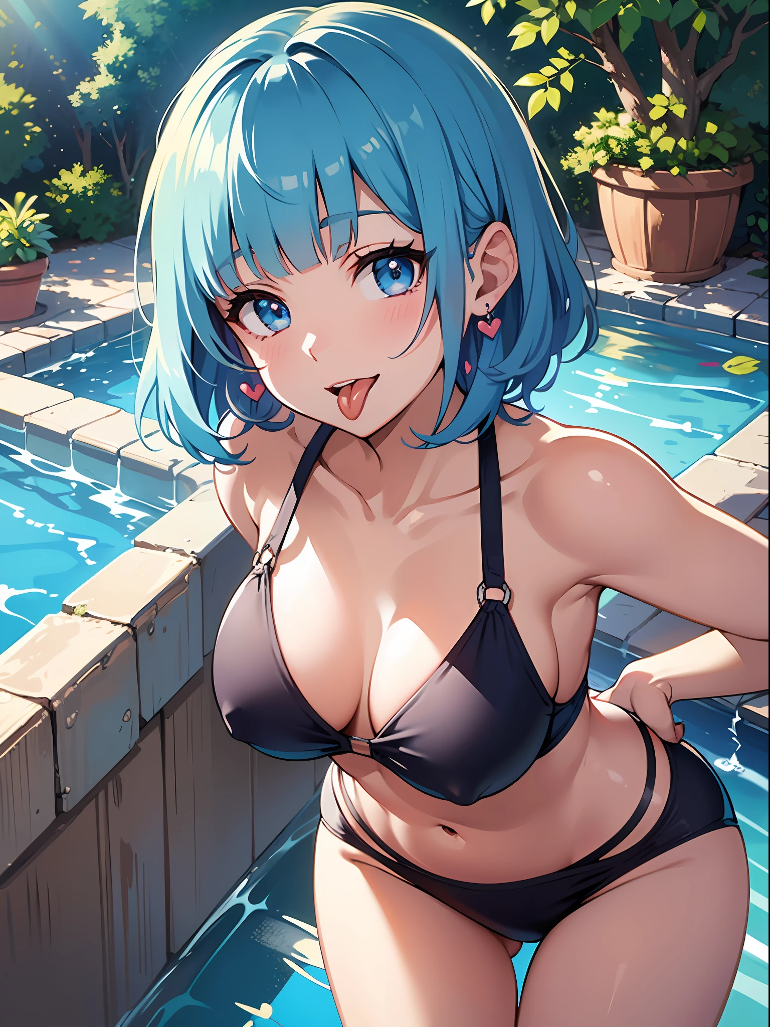 (masterpiece:1.3), (best quality:1.3), high resolution, 


dutch angle, overlook view, couboy shot, 
leaning forward,  squeeze, body facing forward, 

(one cute girl:1.3), solo, 
white skin, small , eight-headed person, 
light blue hair, (bobbed hair:1.2), (short hair:1.2), (blunt bangs:1.2), beautiful hair, blue eyes, beautiful detailed eyes, 

(tongue out:1.3), heart, cheerful smile, 

swimsuit, , earrings, 

outdoors, swimming pool, 

shadowlighting,
