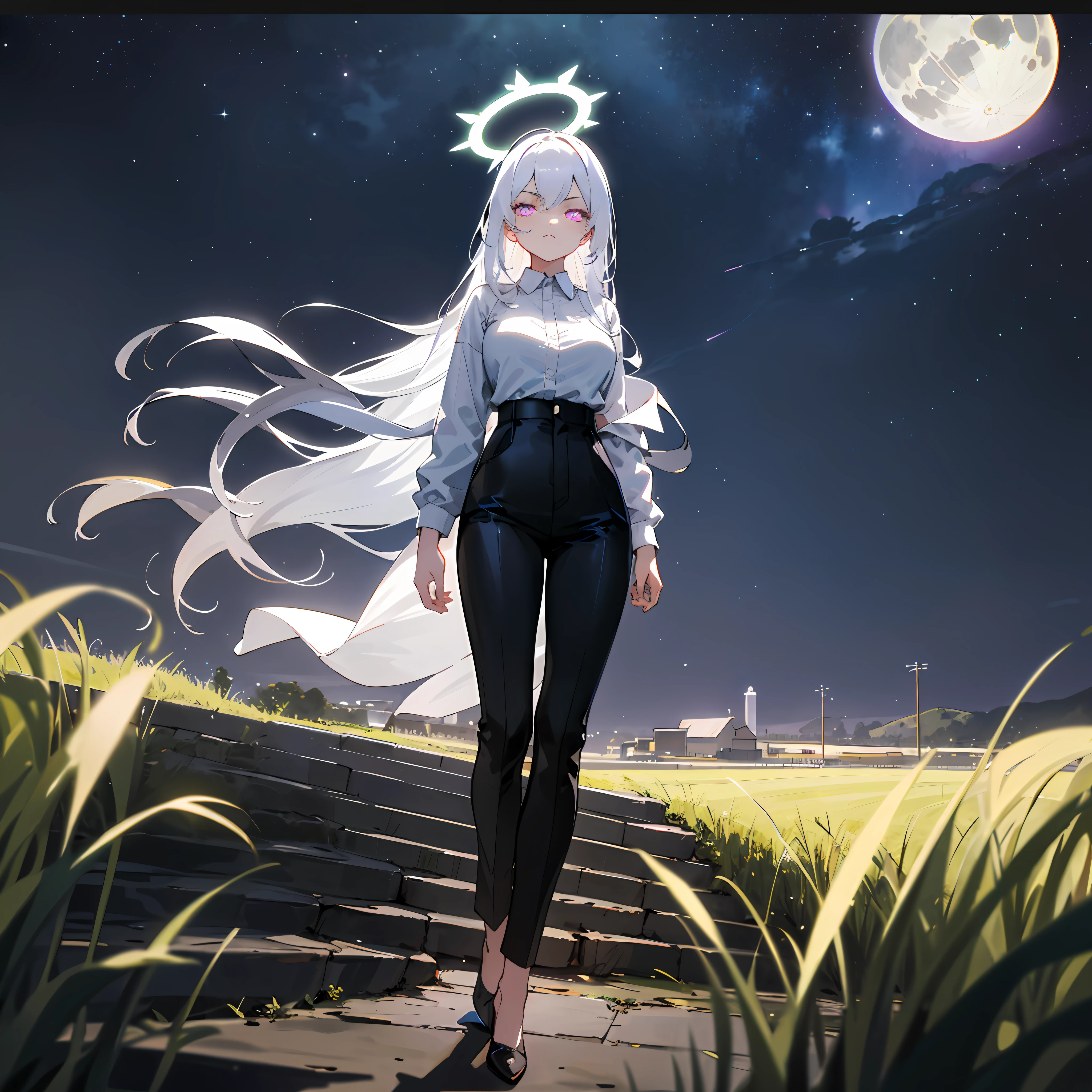 1((masterpiece,best quality,highest quality,illustration,intricate details)),white hair, white halo, blue archive style halo, standing, black lather jacket, white shirt, long black pants, white high heels, big breasts, (long hair), 1girl, dark violet eyes, glowing dark violet eyes,
Serious face,night,stars, full moon, overlook,kingdom, panorama, landscape,field, rural, looking at viewer,