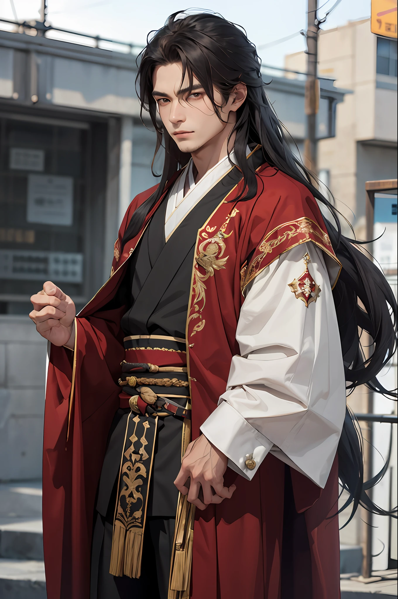 tmasterpiece, Best quality at best, high high quality, 1boys,Sportsman,Tough guy,Ming subdued Han uniform,traditionalcostumes,long whitr hair,hair tubes,Dark red robe,There is texture,独奏,malefocus,long whitr hair, 独奏,with a determined look in his eyes,Deep eyes,Gazing at the audience,