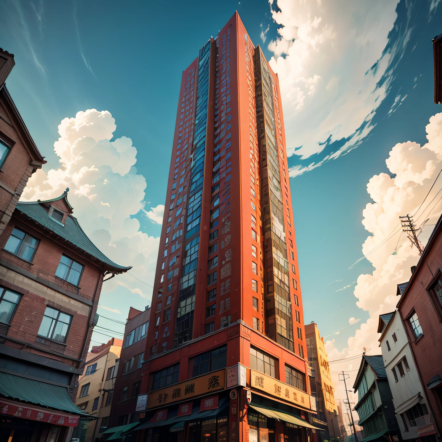 Ancient wind,Quaint,Chinese,Restaurant hostel,towering,The exterior of the entire building,wood,high rise,towering,Located in a bustling downtown area,Individual building,with blue sky and white clouds
