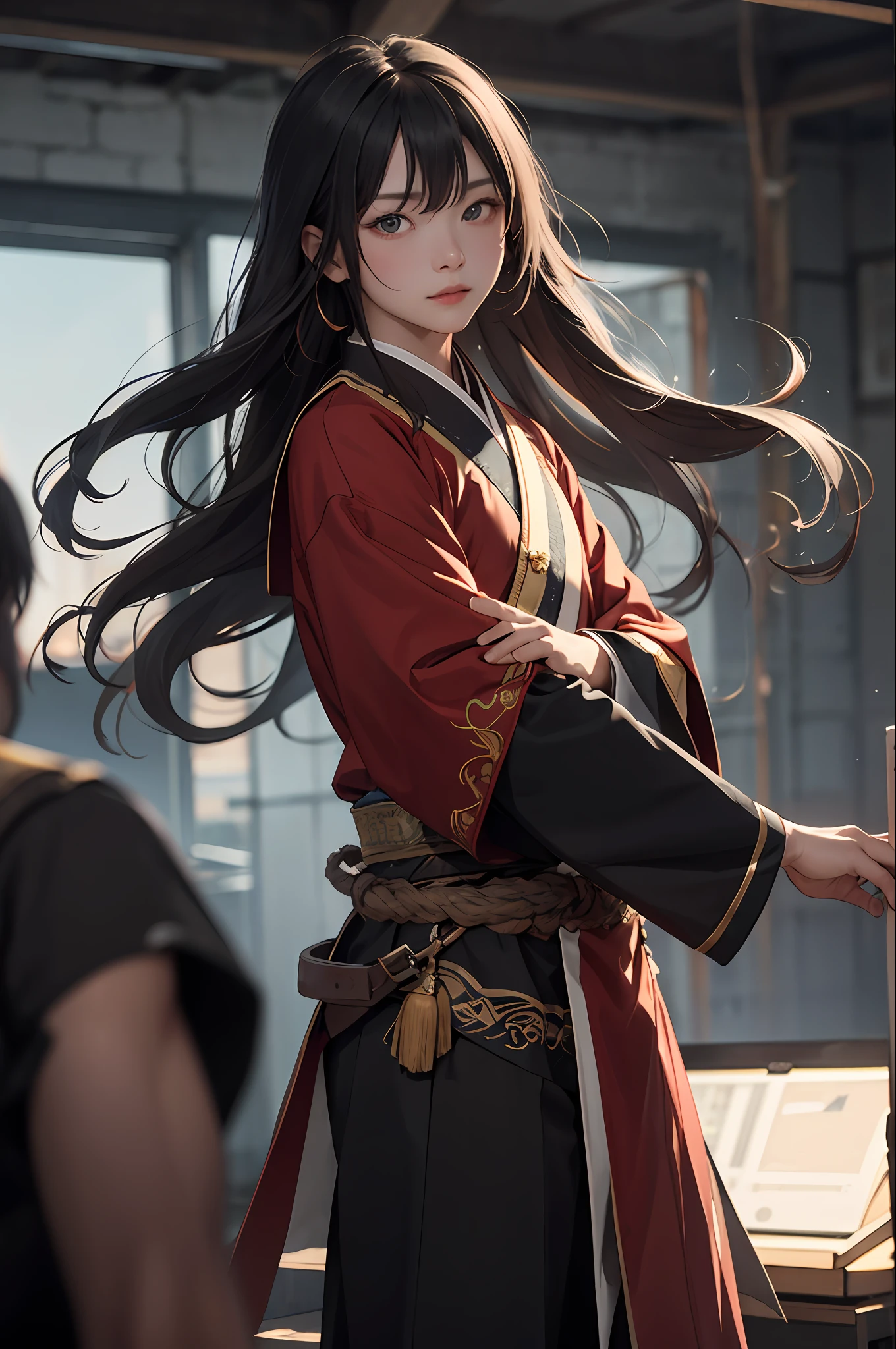 tmasterpiece， Best quality at best， high high quality， 1boys，Sportsman，Tough guy，Ming subdued Han uniform，traditionalcostumes，long whitr hair，hair tubes，Dark red robe，There is texture，独奏，malefocus，long whitr hair， 独奏，with a determined look in his eyes，Deep eyes，Gazing at the audience，