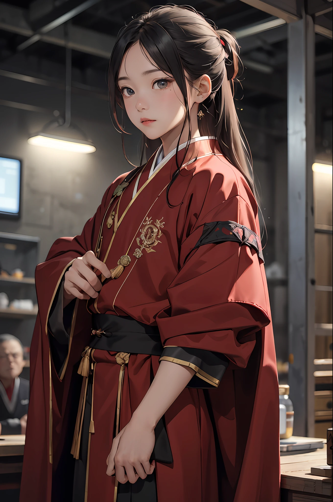 tmasterpiece, Best quality at best, high high quality, 1boys,Sportsman,Tough guy,Ming subdued Han uniform,traditionalcostumes,long whitr hair,hair tubes,Dark red robe,There is texture,独奏,malefocus,long whitr hair, 独奏,with a determined look in his eyes,Deep eyes,Gazing at the audience,