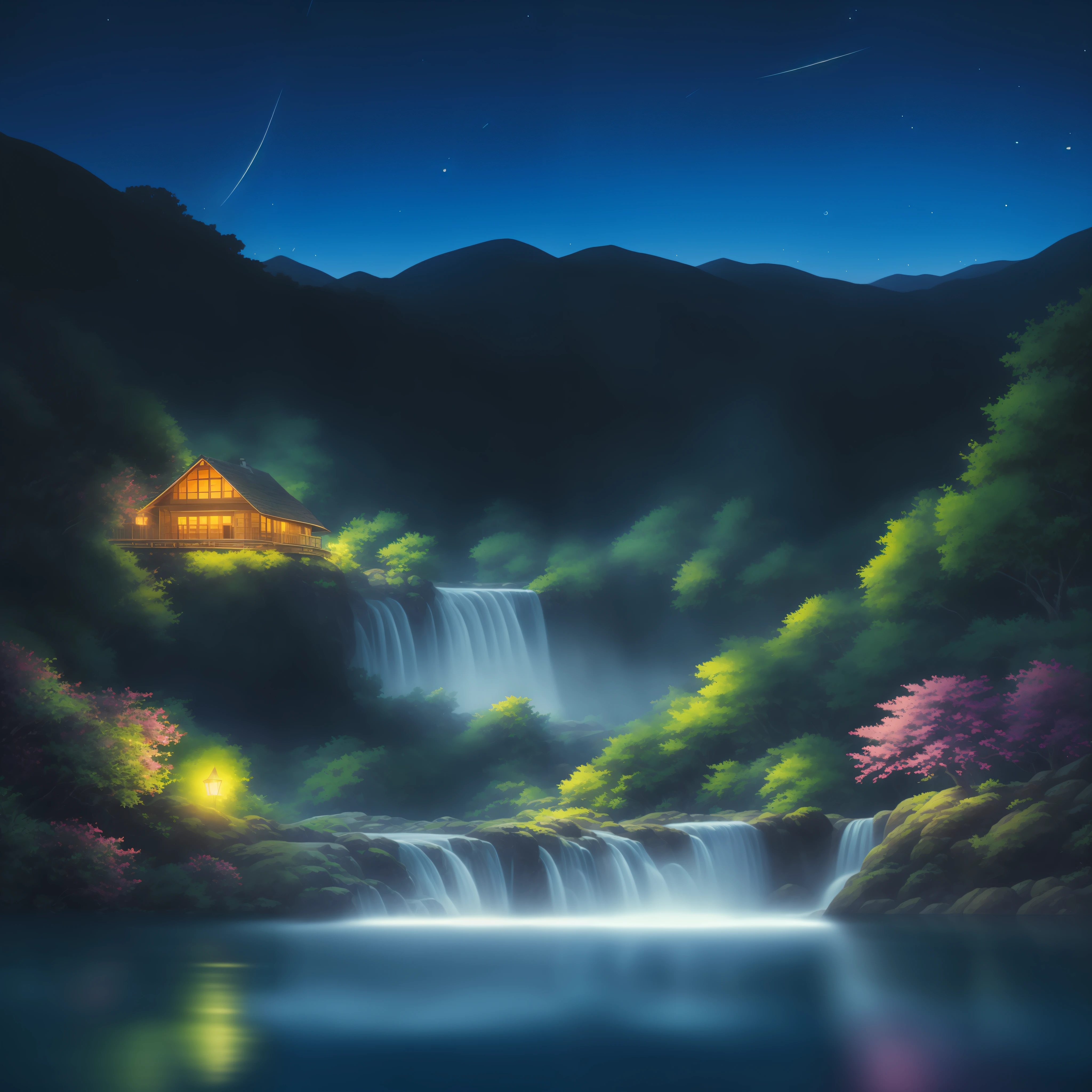 A large and majestic waterfall in a vast forest, Night sky with beautiful and bright stars, A three-branched shining stream, Luxury wooden houses, Pretty stones, extremely high quality, 4k, Pines and majestic trees, Glowing fireflies,