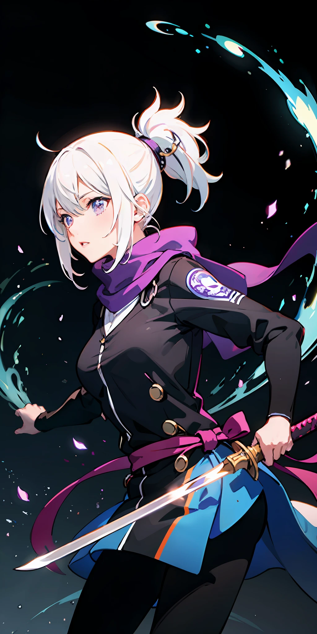 upper body, 1girl, white hair, ponytail, purple eyes, (ninja), short sword, medium breats ,scarf, wallpaper, magic circle background, light particles, blue fire,