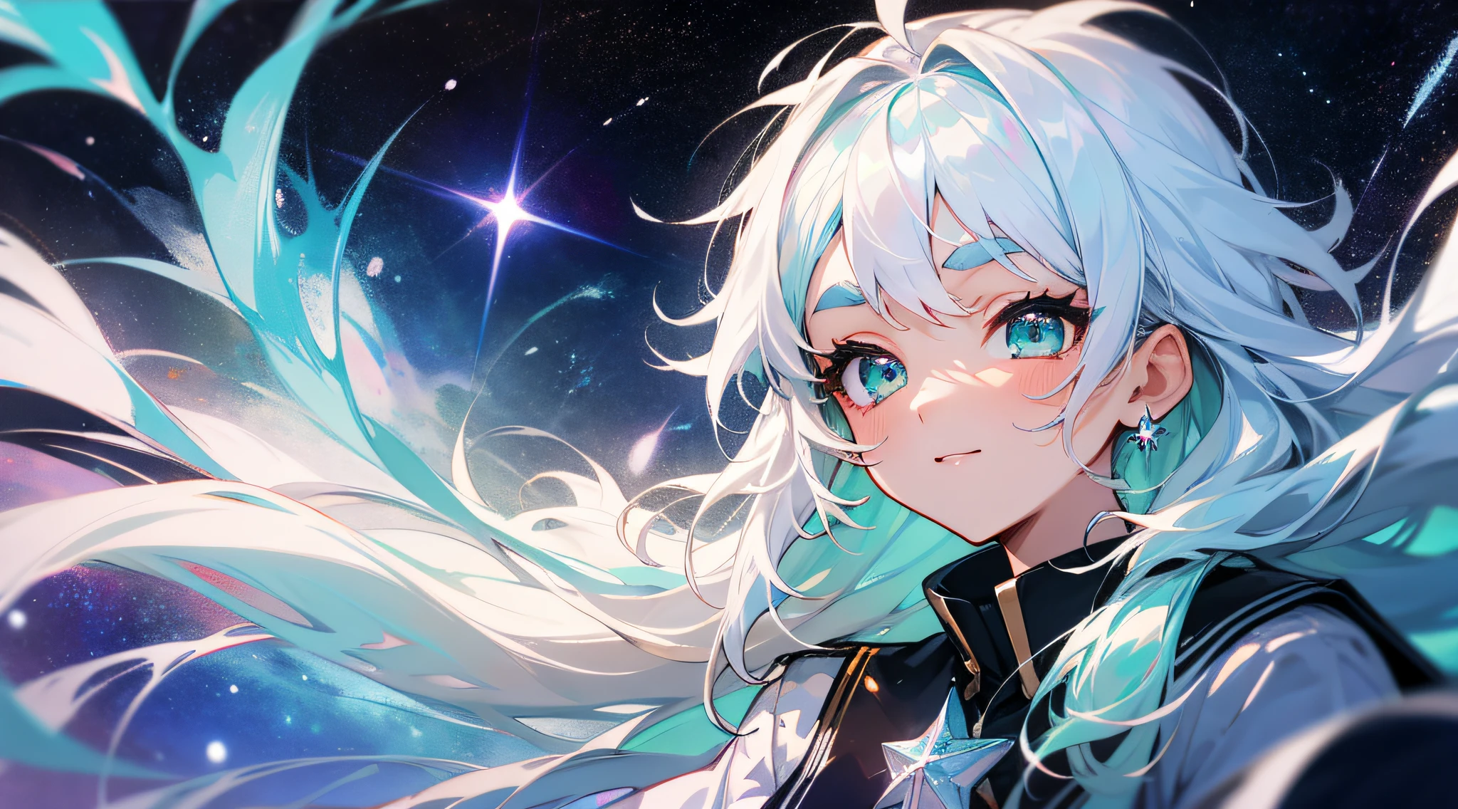 Best Quality,超A high resolution,1girl in,Upper body,Solo,White hair,White eyebrows,White eyelashes,aqua eyes,Starry sky,universe,Galaxy,Wandering Star Ring,Lighting hair,Shiny skin,Diamond,nffsw,School uniform,(Smile:0.1),(Open mouth:0.1),stardust,(Happy:0.1),Floating hair,hair messy,