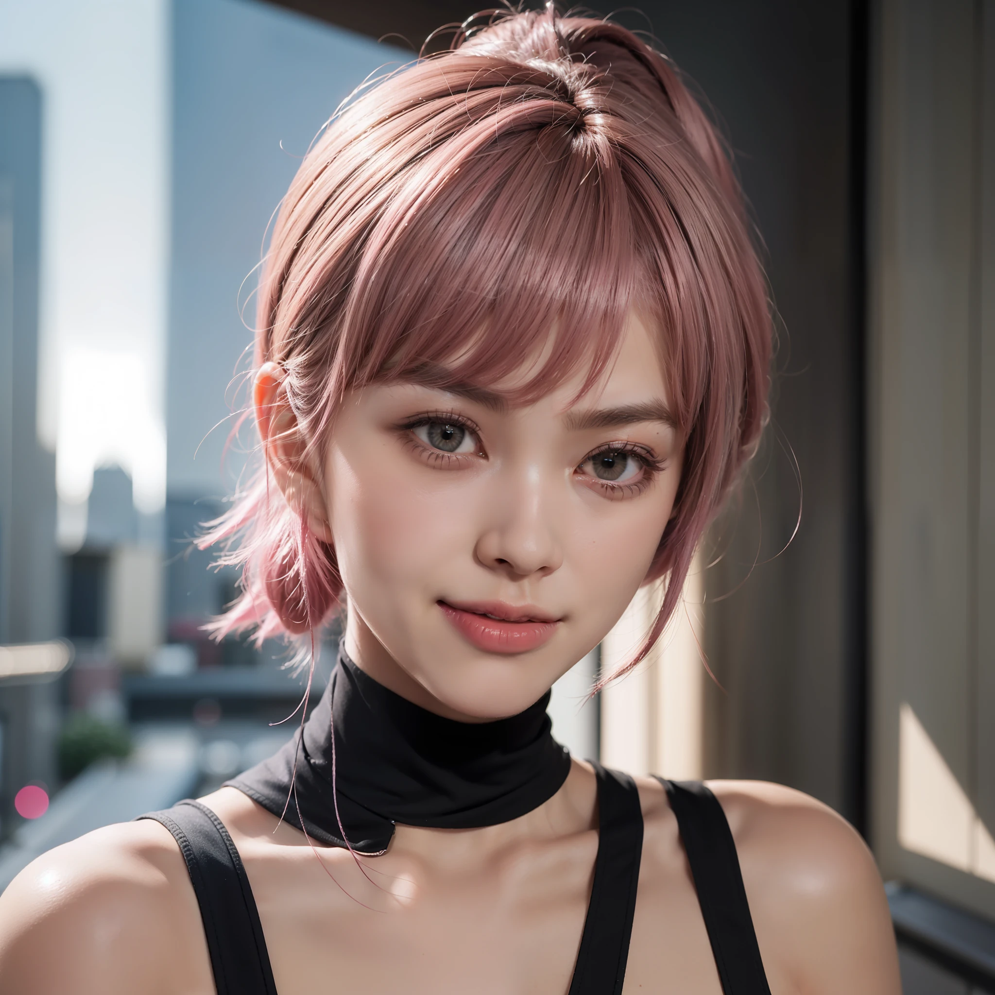 hair bobbles, long eyelasher, solid circle eyes, Light smile, Naughty face, short ponytail hair, Pink hair, crossed bangs, surrealism, shadowing, anaglyph, angle of view, Cinematic lighting, in a panoramic view, Sony FE GM, Super detail, ccurate, Best quality, 16k
