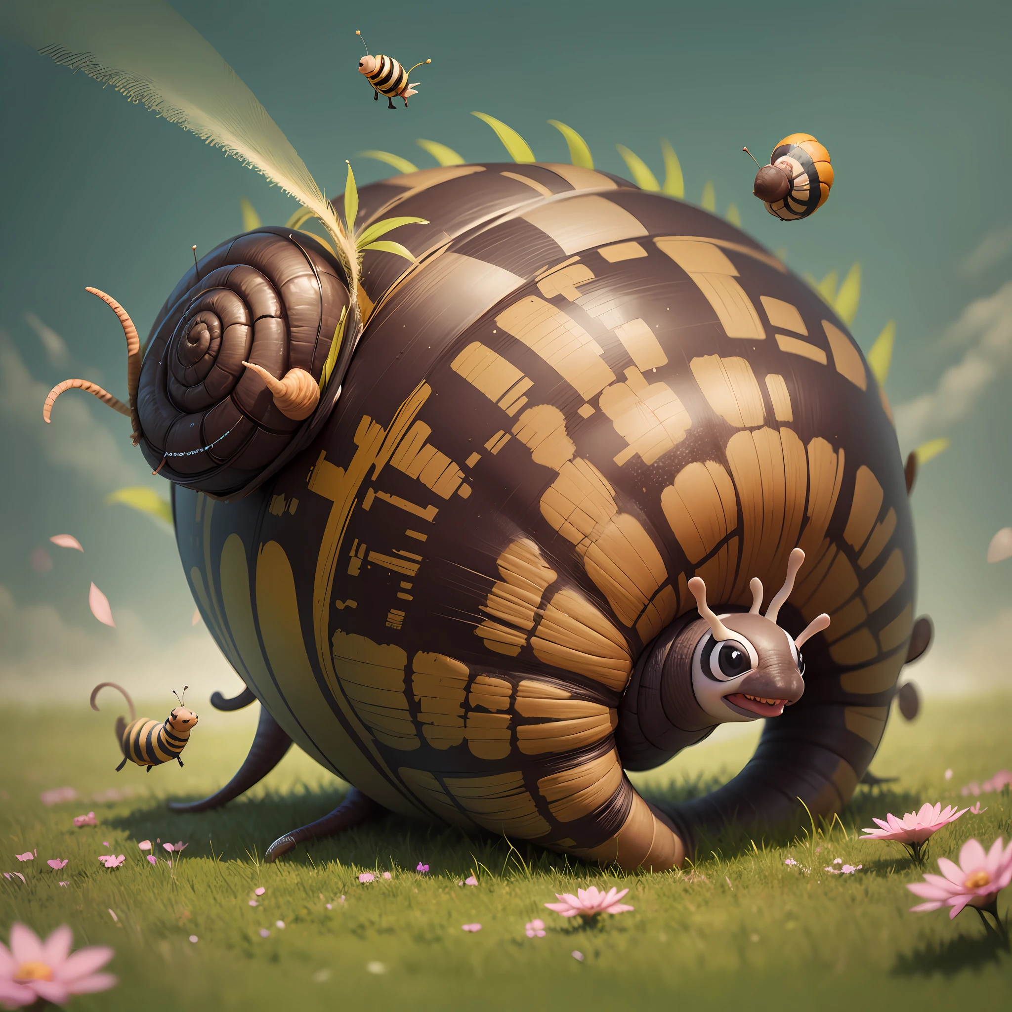 Running sports. Funny, cheerful Snail and funny Caterpillar, cheerfully run among grass and flowers, numbers of participants on their backs, Close-up. in Disney cartoon style, fantasy blurred speed background --auto --s2