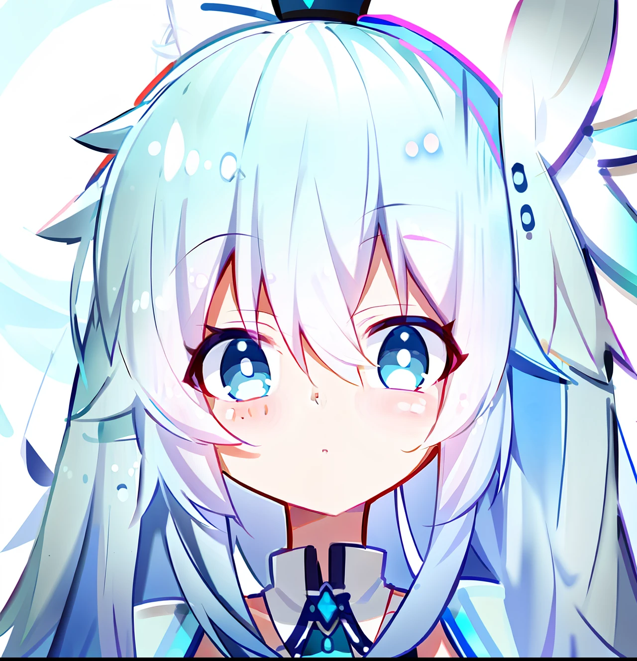 lightblue hair,Girl with pink eyes,Slightly cute,There is a headdress