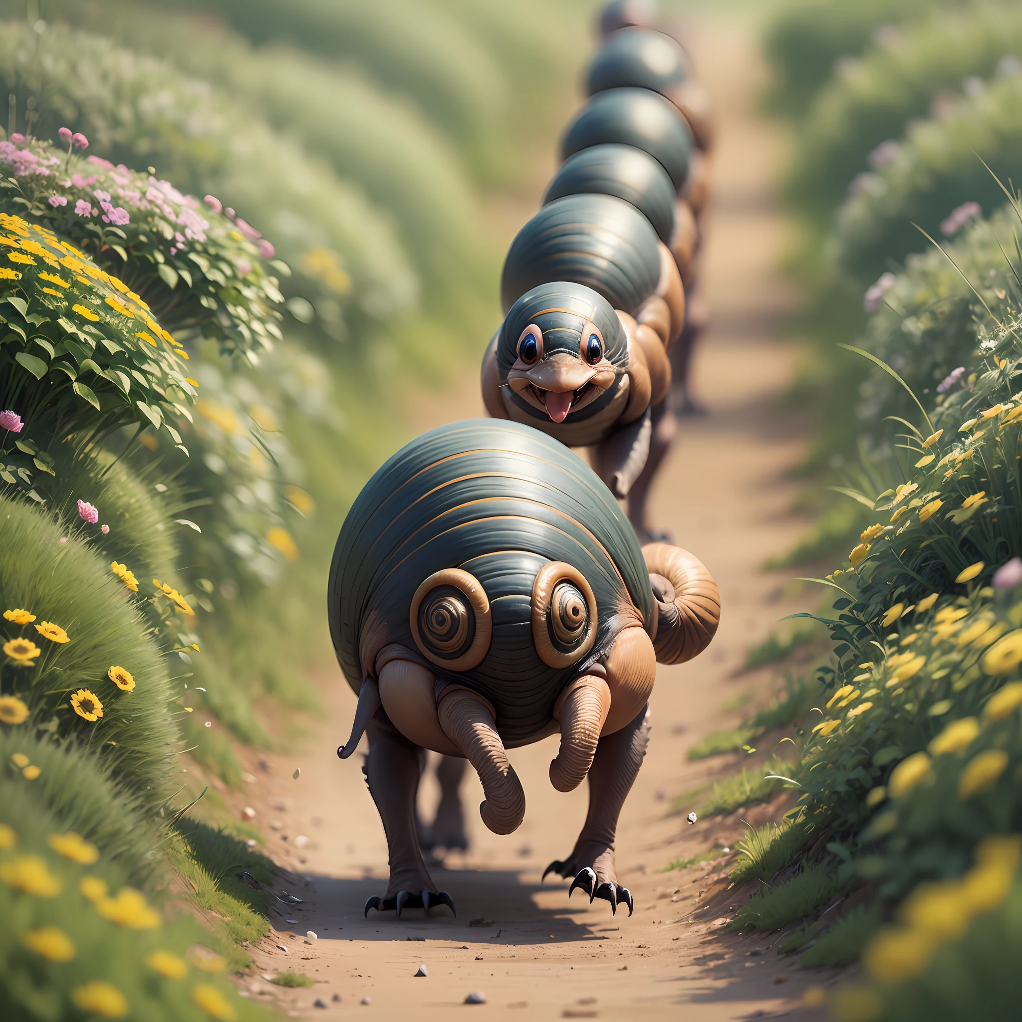 Running sports. Funny, cheerful Snail and funny Caterpillar, cheerfully run among grass and flowers, numbers of participants on their backs, Close-up. in Disney cartoon style, fantasy blurred speed background --auto --s2