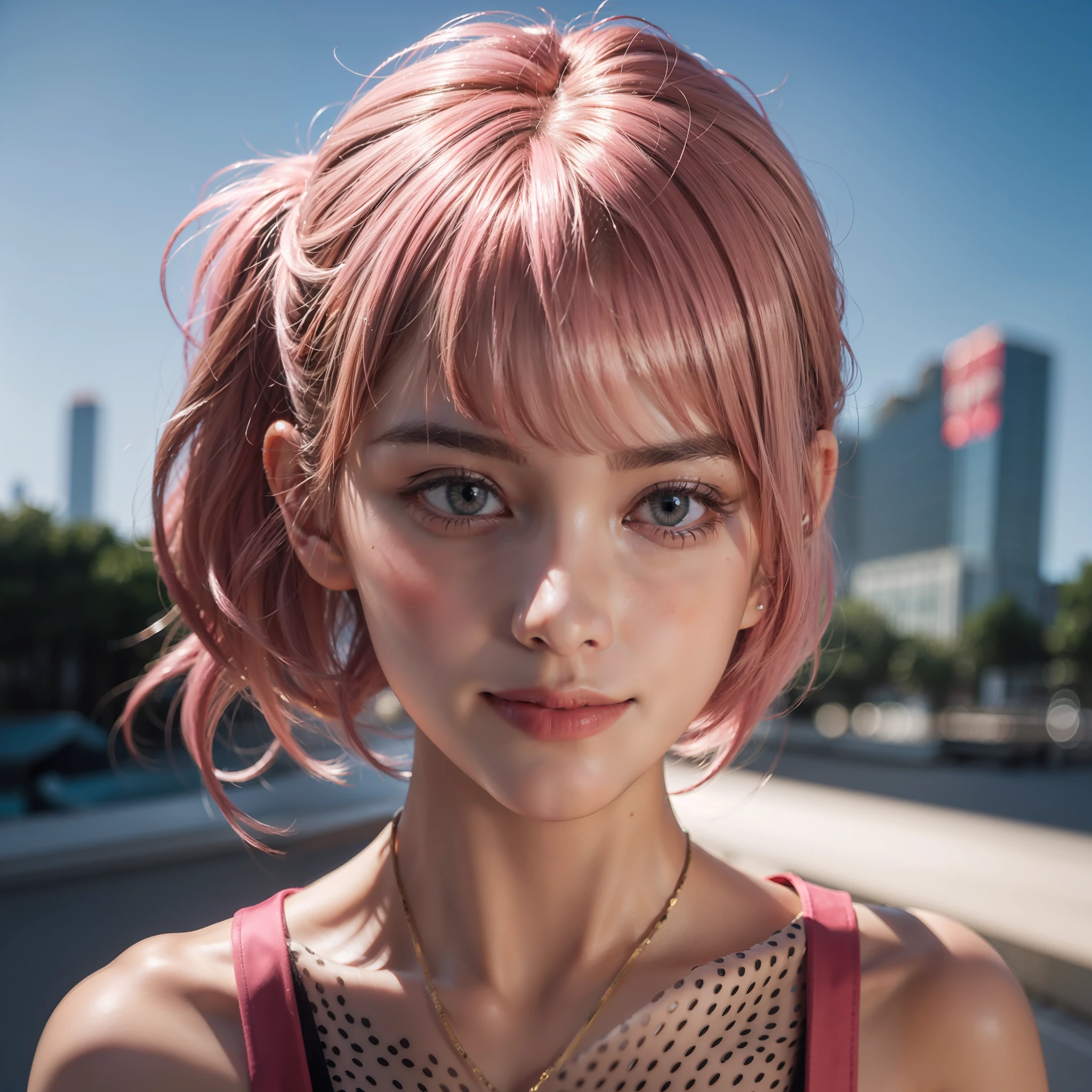 hair bobbles, long eyelasher, solid circle eyes, Light smile, Naughty face, short ponytail hair, Pink hair, crossed bangs, surrealism, shadowing, anaglyph, angle of view, Cinematic lighting, in a panoramic view, Sony FE GM, Super detail, ccurate, Best quality, 16k