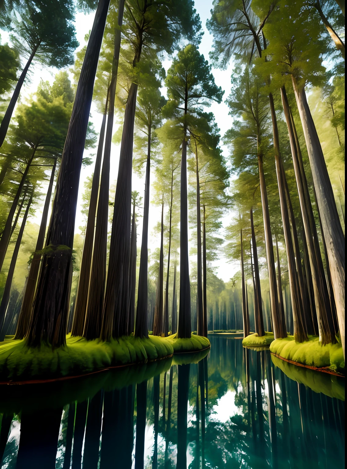 Trees in the forest,There is a pond, Floating trees, The trees are rippling, cypresses, Tall cypress, forest with lake, surreal forest, under outer world forrest, forest setting, Trees and pines everywhere, pine woods, green trees. Wide view, dark pine trees, a lot of tree, Pine forest, forest trees, springtime