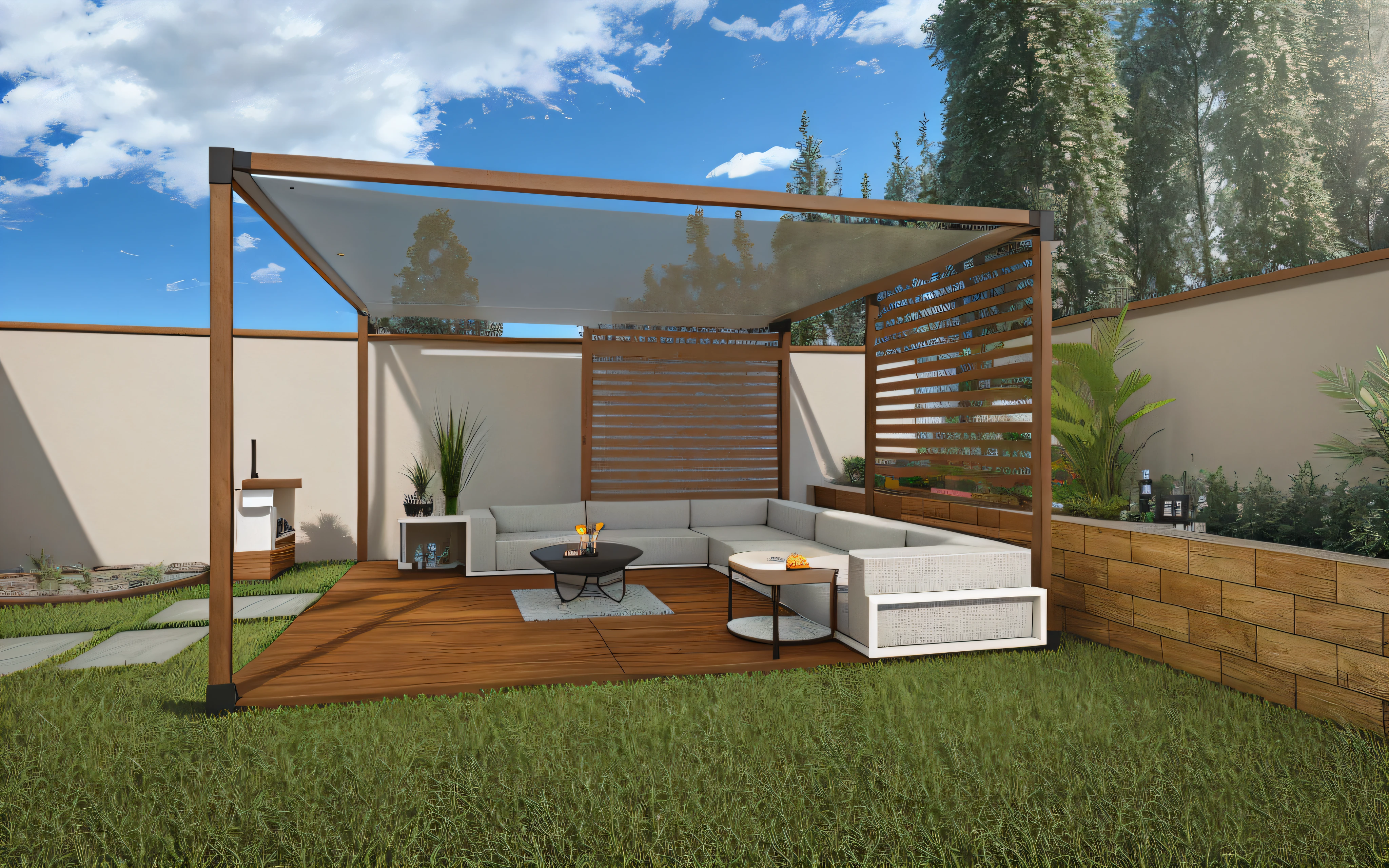 Photo quality,Alafed outdoor living area with sofa and table, Outdoor Design, masterpiece,top-quality,ultra-detailliert,realisitic,Photorealsitic, 8K, foco nítido, highly detailed render, high quality render, Photorealistic style, terraces, archviz, a photorealistic rendering, high quality render, Ultra detailed scene, beautifully detailed render, photo realistic style