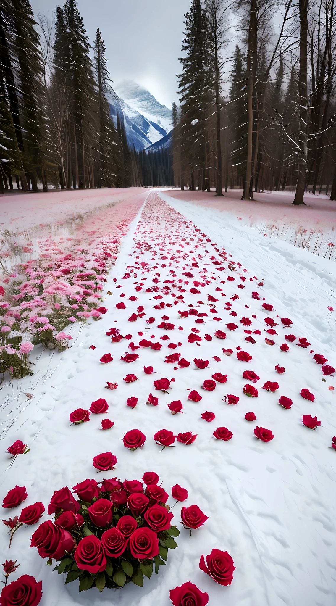 There are many roses lying on the snow, Really beautiful nature, Beautiful nature, rosette, Unbelievably beautiful, rosses, with frozen flowers around her, big breasts beautiful!, absolutely outstanding image, Everywhere petals are falling, Flowers!!!!, marc adamus, cant believe it is real, exploding roses, Beautiful photography, alexander abdulov, beautiful art, Rose, Pink Forest