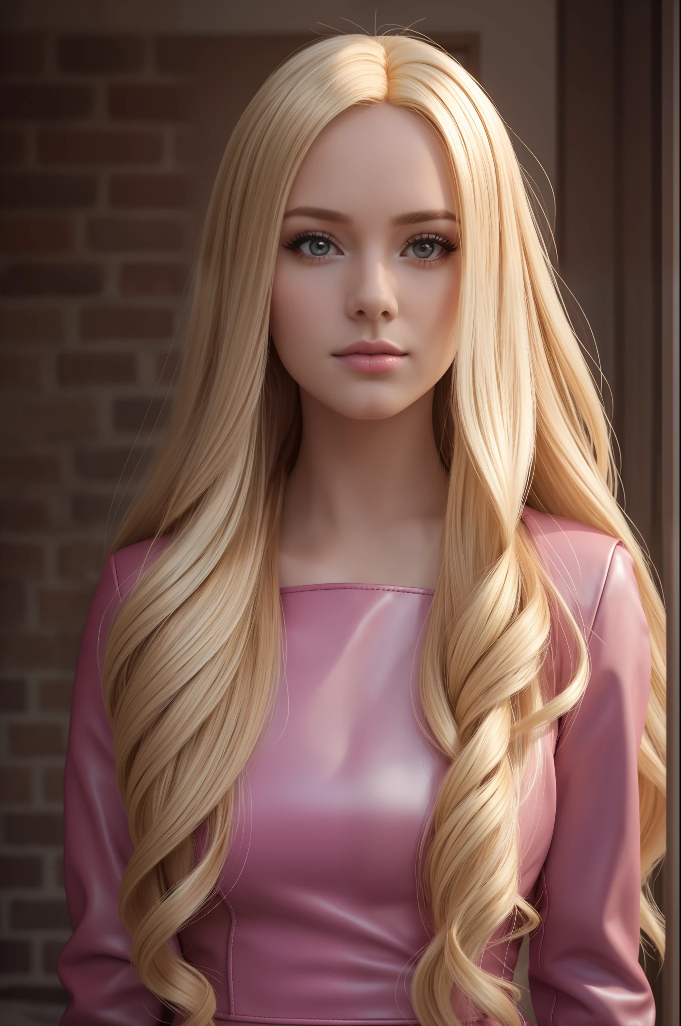 1girls, 16 mm., 12mm., full frame, wide, (beste-Qualit), Three Russian blonde haired,Wearing a pink leather dress.,beautiful make up,long-haired,barbie style (Movie Lighting), view, 4k, 8k, master-piece, Realistic lighting, natural light, Realistic shadows,