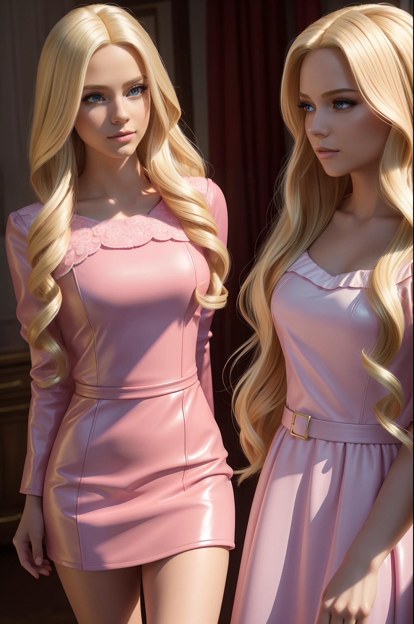 1girls, 16 mm., 12mm., full frame, wide, (beste-Qualit), Three Russian blonde haired,Wearing a pink leather dress.,beautiful make up,long-haired,barbie style (Movie Lighting), view, 4k, 8k, master-piece, Realistic lighting, natural light, Realistic shadows,