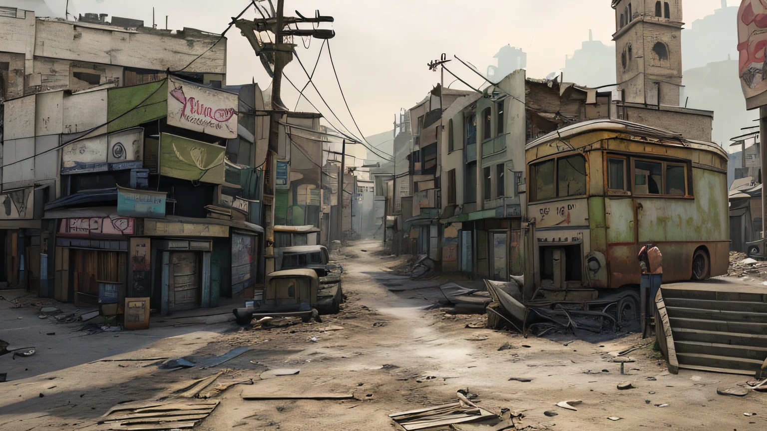 Arafeld City Street，A fork in the road，There are three intersections，There are many buildings and a bell tower, post - apocalyptic city streets, screen shot of cod, dirty street background, hyper-realistic environment, Post-apocalyptic street, Gorgeous slum setting, destroyed city in background, steam workshop maps, dusty street, post apocalyptic district, realistic photo of a town