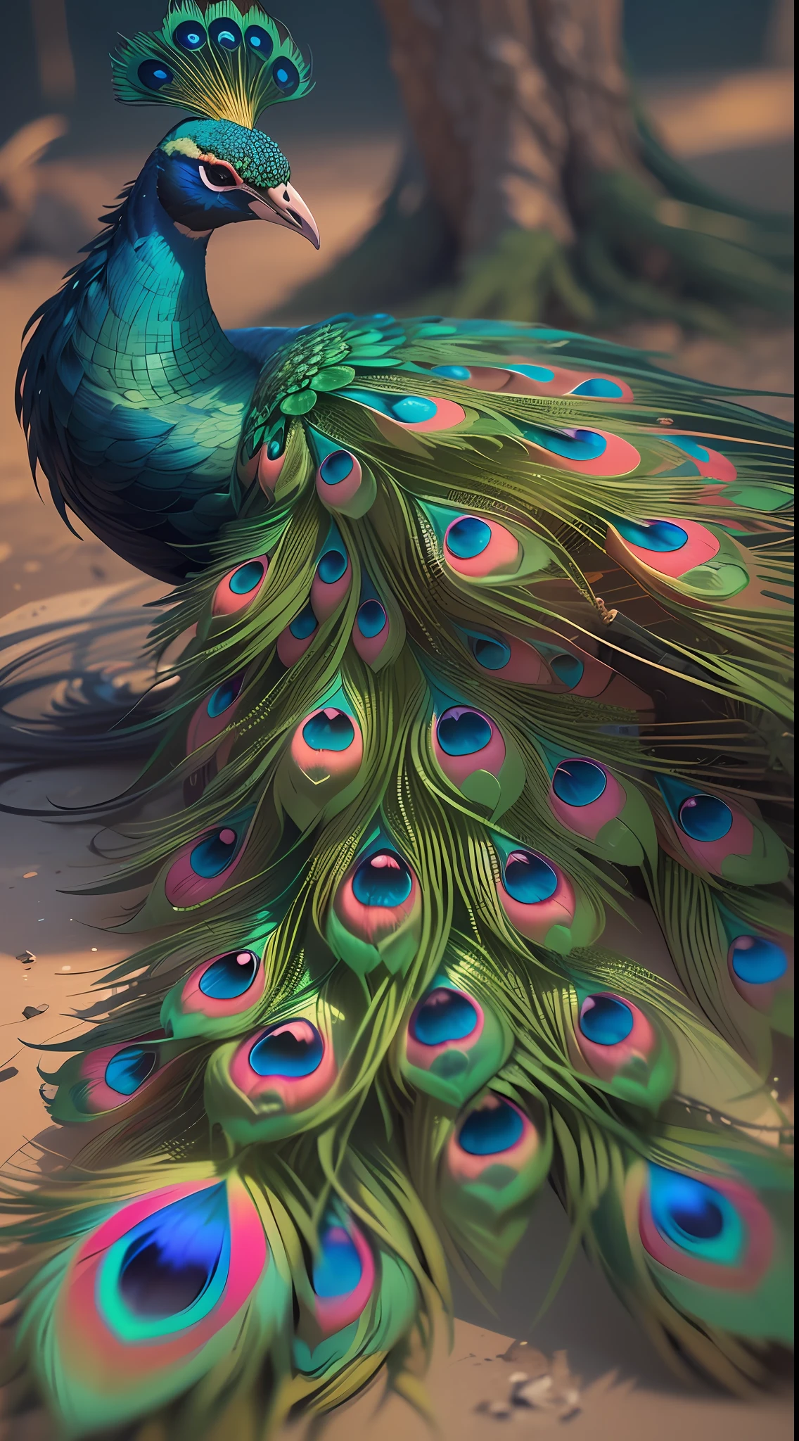 A proud colorful peacock,Colorful feathers,The feathers are brightly colored and layered,(Colorful peacocks stand tall on the branches:1.3),(The peacock picture is centered),(Medium and close range),(Super finely depicted head:1.3),(Perfect realistic paws:1.3),(Overall silhouette,)Ultra photo realsisim,super-fine,超高分辨率,8K,Premium wallpapers,Highest image quality,3D,C4D