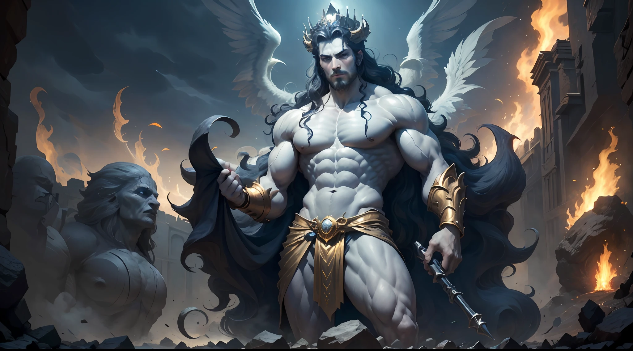 ((Best Quality)), ((Masterpiece)), (Detailed), image of Hades the Greek, (mythology: 1.2), (Majestic appearance: 1.1), (Underworld pistol in hand: 1.2), loose beard and hair, muscular physique, Wearing a crown made of shells, (The Realm of the Underworld: 1.1), (A powerful creature: 1.2), (Hellfire: 1.1), (Divine aura: 1.1), (domineering look: 1.1), 8K resolution.