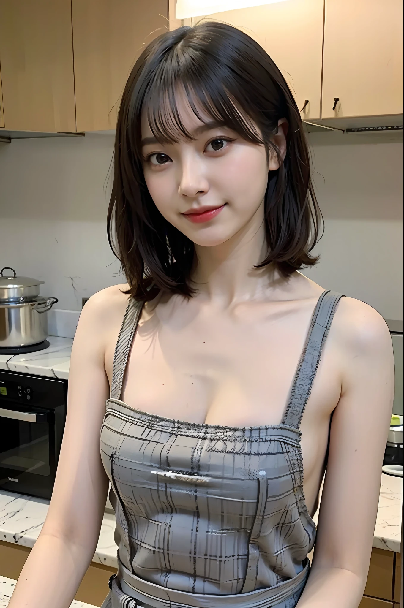 a woman is cooking、(kitchin_Apron:1.Wear 3)、Good Hand、4K、hight resolution、​masterpiece、top-quality、Cap:1.3、((Hasselblad photo))、Fine skin、foco nítido、(lighting like a movie)、Soft lighting、dynamic ungle、[:(详细的脸:1.2):0.2]、Medium chest、sweats streamed skin:1.2、(((In the kitchen))) Cute smile　Viewer's Perspective　Colossal tits　Tying hair　Sleeveless　Put out your upper arm　Shoulders are sticking out　Cleanliness　Large kitchen　Beautiful kitchen　wine glasses　wide々Beautiful kitchen background　Clean kitchen　Beautiful lighting fixtures