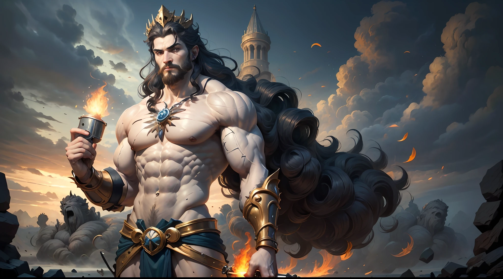 ((Best Quality)), ((Masterpiece)), (Detailed), image of Hades the Greek, (mythology: 1.2), (Majestic appearance: 1.1), (Underworld pistol in hand: 1.2), loose beard and hair, muscular physique, Wearing a crown made of shells, (The Realm of the Underworld: 1.1), (A powerful creature: 1.2), (Hellfire: 1.1), (Divine aura: 1.1), (domineering look: 1.1), 8K resolution.