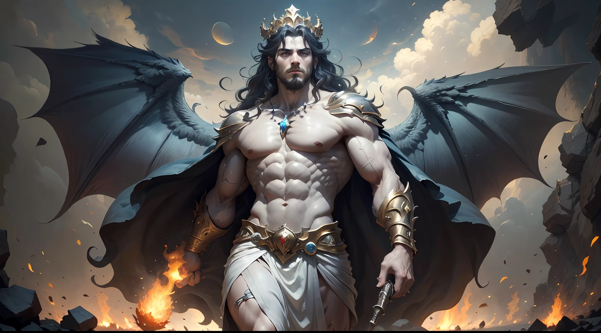 ((Best Quality)), ((Masterpiece)), (Detailed), image of Hades the Greek, (mythology: 1.2), (Majestic appearance: 1.1), (Underworld pistol in hand: 1.2), loose beard and hair, muscular physique, Wearing a crown made of shells, (The Realm of the Underworld: 1.1), (A powerful creature: 1.2), (Hellfire: 1.1), (Divine aura: 1.1), (domineering look: 1.1), 8K resolution.