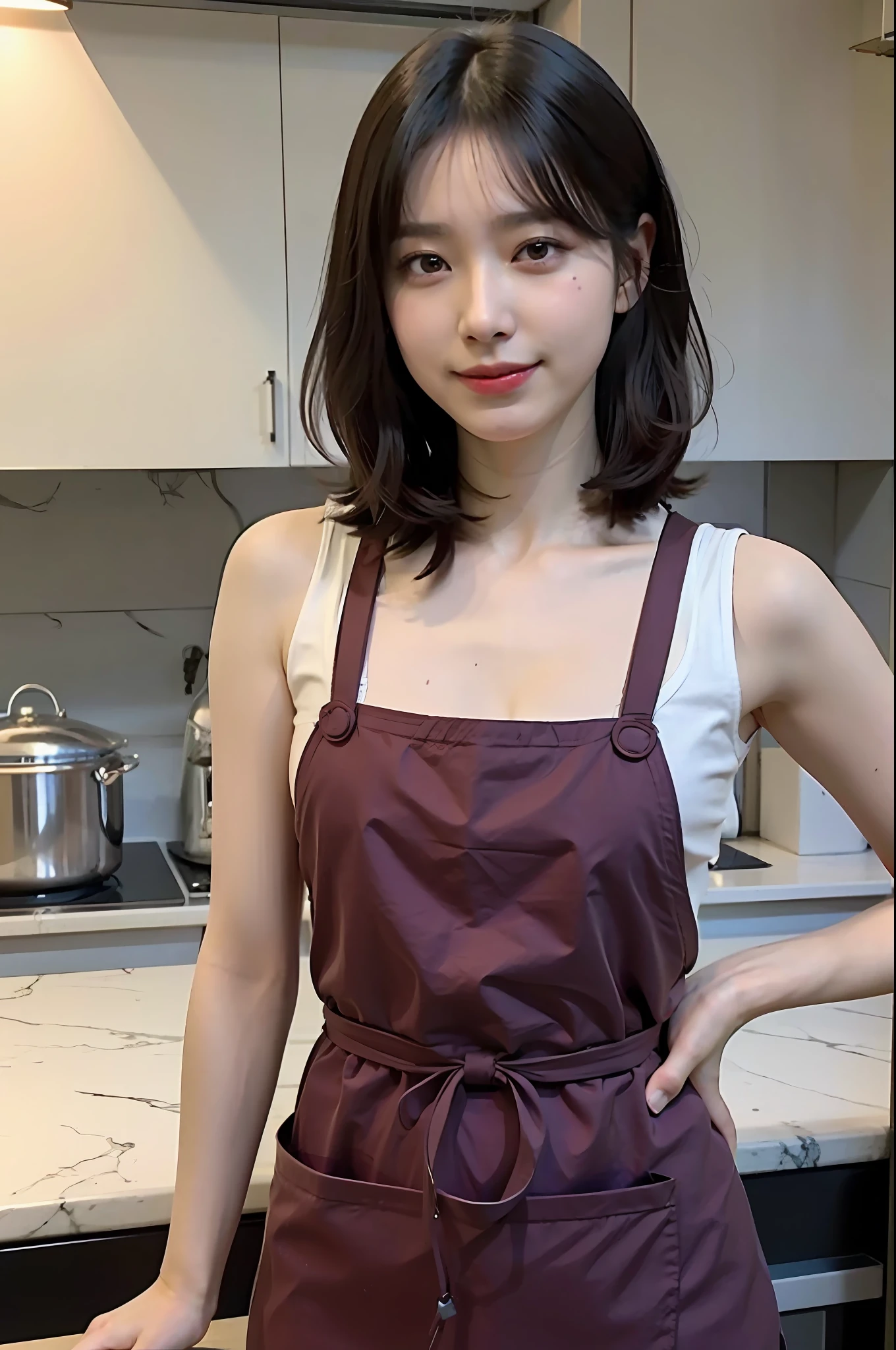 a woman is cooking、(kitchin_Apron:1.Wear 3)、Good Hand、4K、hight resolution、​masterpiece、top-quality、Cap:1.3、((Hasselblad photo))、Fine skin、foco nítido、(lighting like a movie)、Soft lighting、dynamic ungle、[:(详细的脸:1.2):0.2]、Medium chest、sweats streamed skin:1.2、(((In the kitchen))) Cute smile　Viewer's Perspective　Colossal tits　Tying hair　Sleeveless　Put out your upper arm　Shoulders are sticking out　Cleanliness　Large kitchen　Beautiful kitchen　wine glasses　wide々Beautiful kitchen background　Clean kitchen　Beautiful lighting fixtures