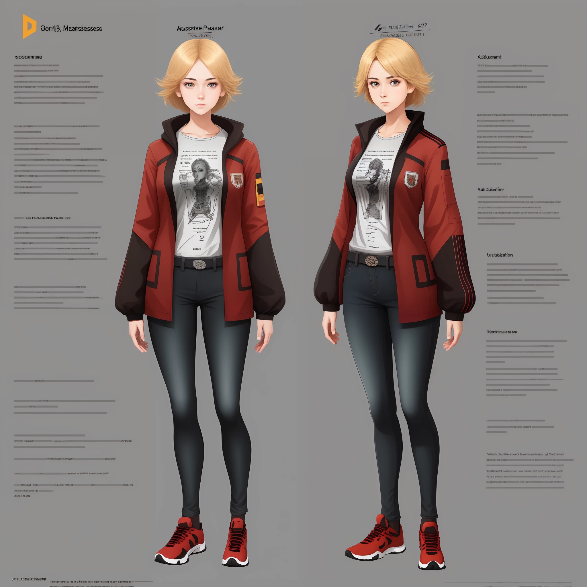 masterpiece, best quality, 1girl,highres, absurdres, full body,(ultra-detailed:1.1025), (illustration:1.1025), (infographic:1.1025), patent drawings, physical measurement, (all clothes configuration:1.1025), stationery, (solo:1.1025),standing, cohesive background, 5 fingers in hands, character sheet,
