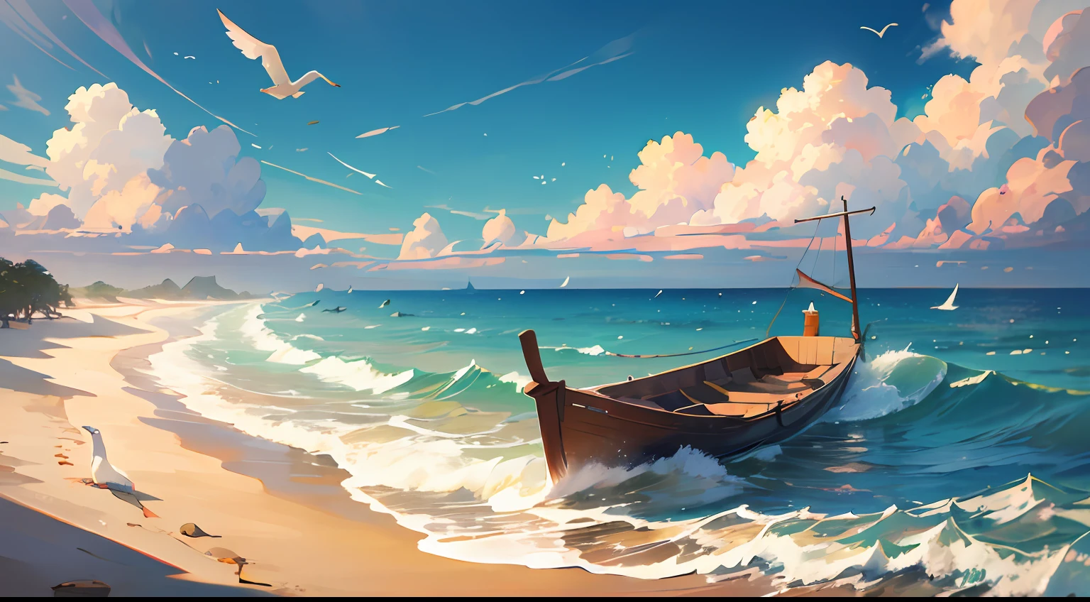 On the beach by the sea,The golden sun shines on the delicate and white sand,The waves gently lapping against the rocks,Bring out a cool sea breeze。Seagulls soar in the air,There is a small boat moored quietly on the sea。Clouds in the sky come in different shapes,Dense and soft like wool。The whole picture creates a peaceful and laid-back atmosphere,It's heart-wrenching