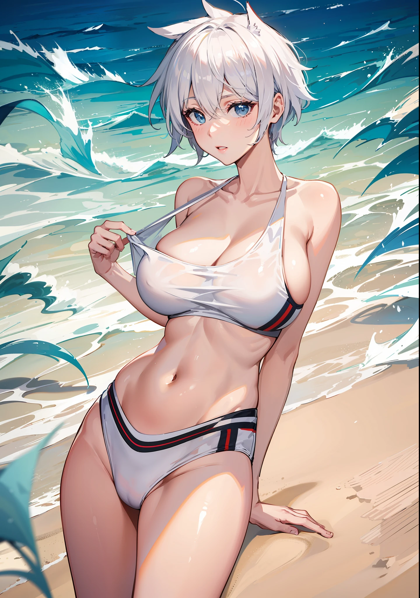 Add a beach background, make the hair longer, make the swimsuit white