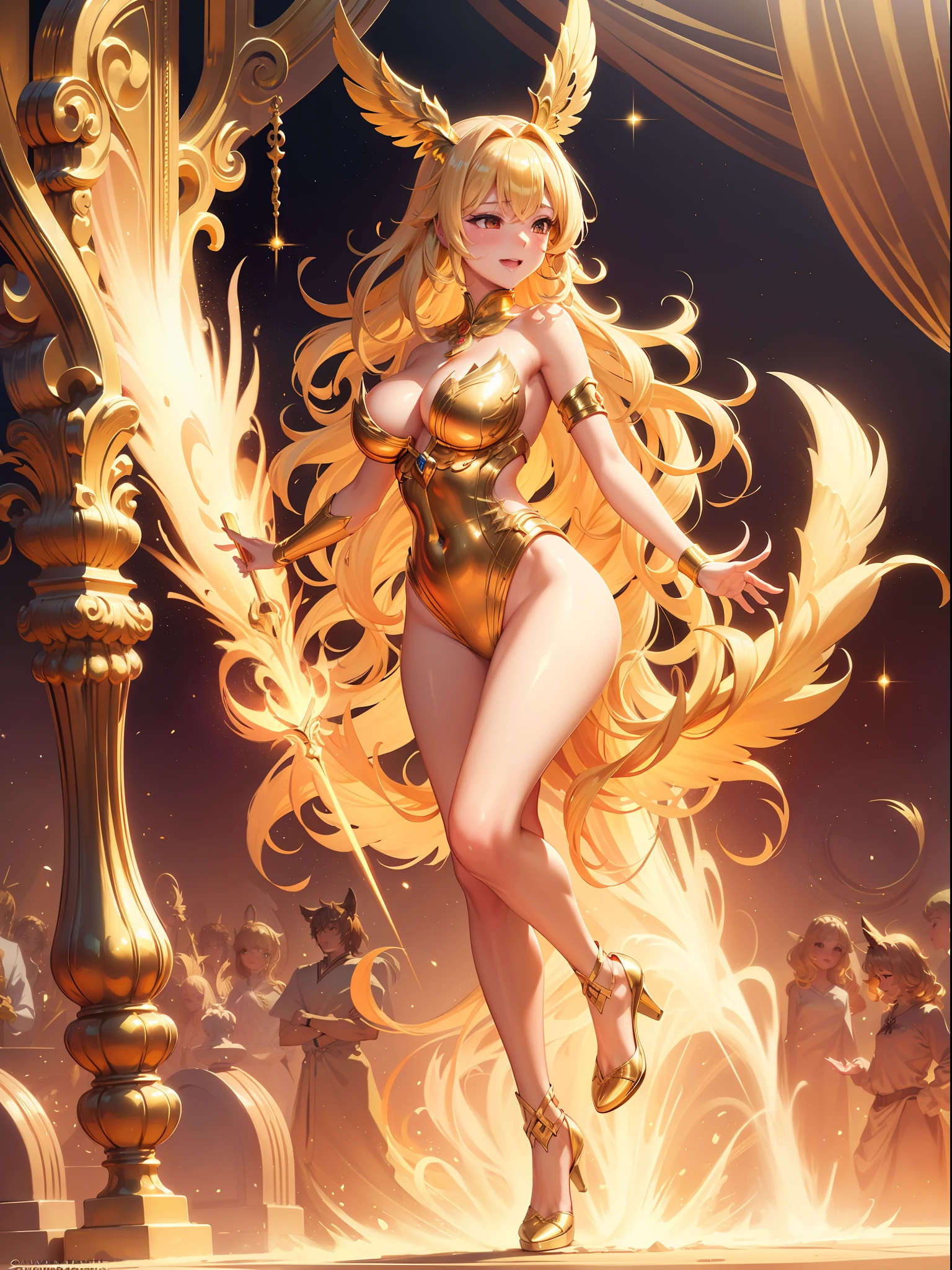 golden angel, golden feathers, blonde women, gold costume, golden palace, golden light, kemono ears, big chest, busty, smile, blush, (Perfect body:1.1), (Short wavy hair:1.2), Full body shot, (Very elaborate CG 8K wallpaper),(Very delicate and beautiful),(Masterpiece),(Best Quality),(Ultra High Definition), Detailed skins, Ultra detailed, (( Colorful)),