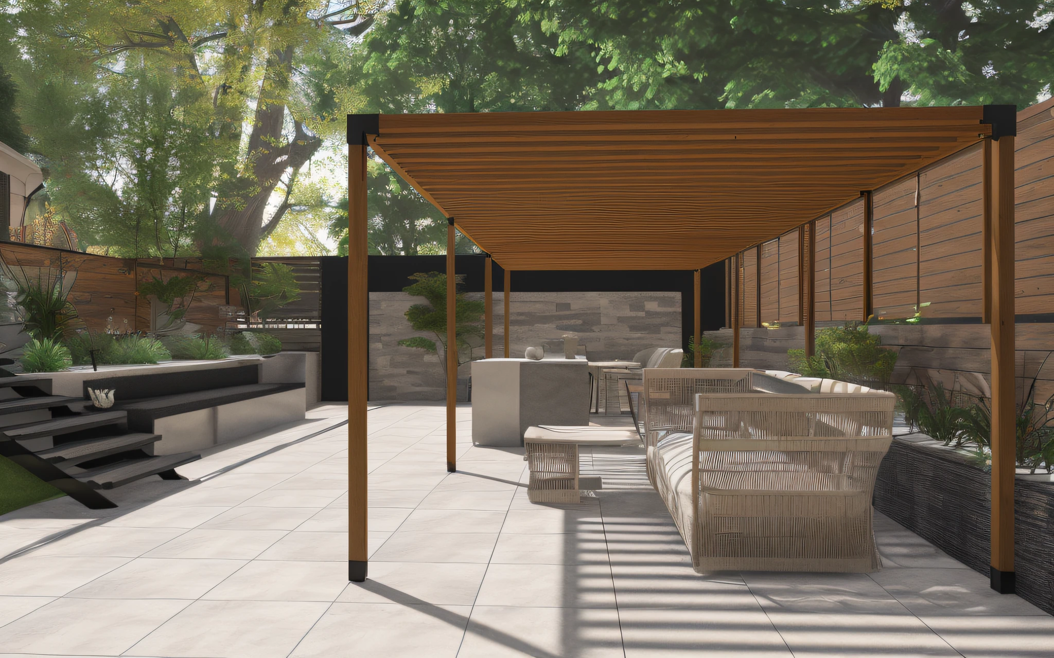 It has a patio with a purgol roof and sofas, Realistic as a photo,realphoto,Outdoor Design, rendered in enscape, Outdoor color tones, enscape render, Rendering to resolute perfection, Well shaded, rendered in lumion pro, professional render, lumion render, low angle dimetric rendering, fully detailed render, with 3D rendering, with 3D rendering, Shaded