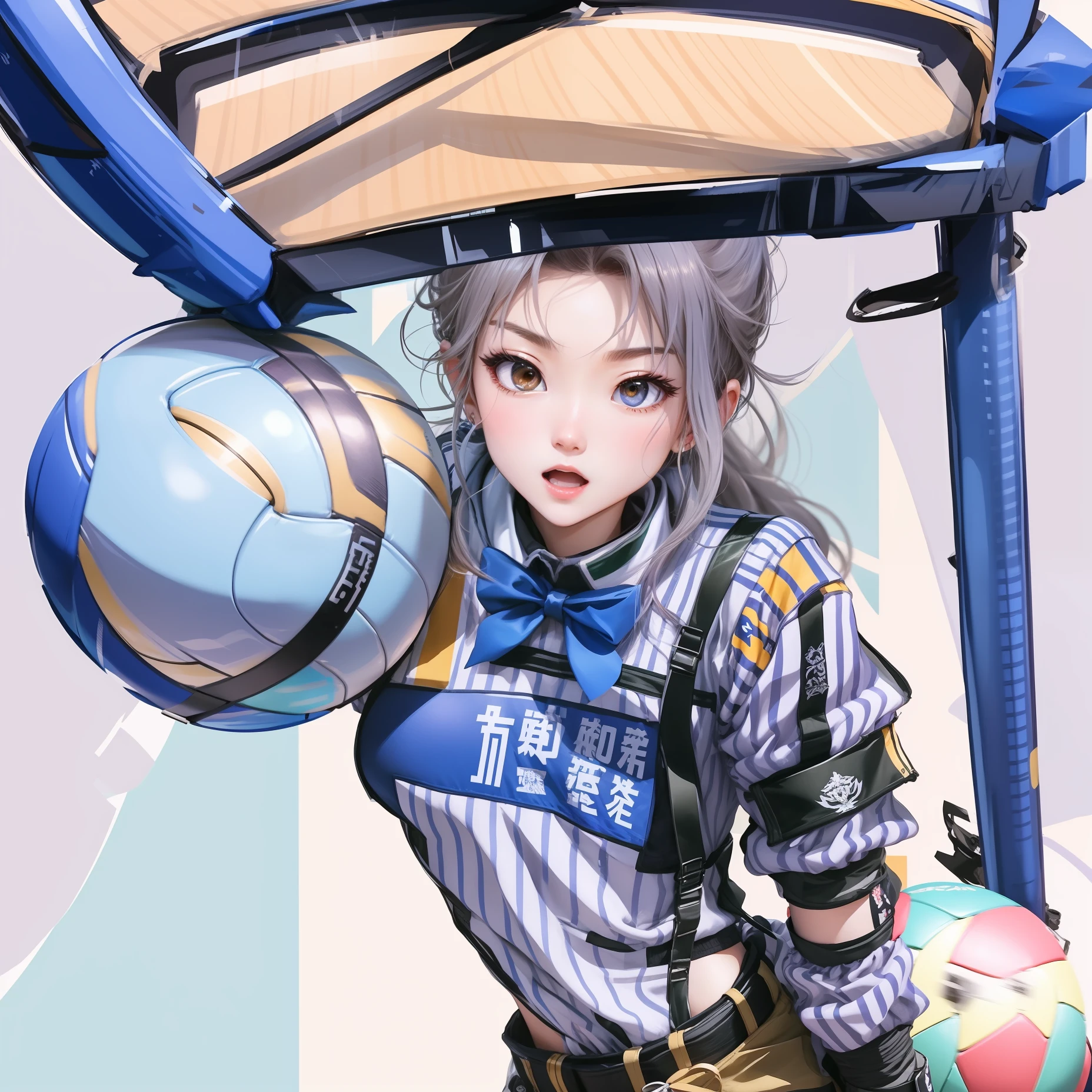 Self-Defense Forces officers enjoying volleyball drawn with anime-style illustrations、Playing on a lively court。He wore a bright uniform.、Hitting the ball back strongly。In the background, the friends who support are enthusiastically cheering.、The venue is filled with a sense of unity and excitement。This illustration is、It depicts the enjoyment of sports in the activities of the Self-Defense Forces.、Expresses their passion for diverse activities and teamwork。