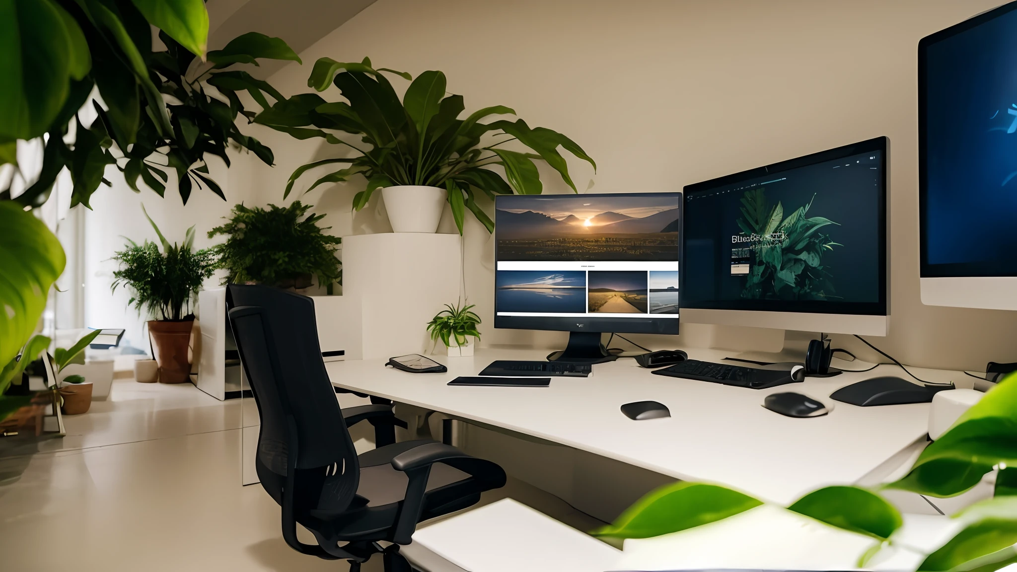 Office chairs and floors、Website design、personal computers、Advanced home page、PC close-up、Beautiful wide office background、Photo bokeh、top-quality、​masterpiece、8K、professional photograpy、Bluish photo、Studio Lighting、hight resolution、Diagonal angle of view、Tidy desk、houseplant、Many desks、Other PCs