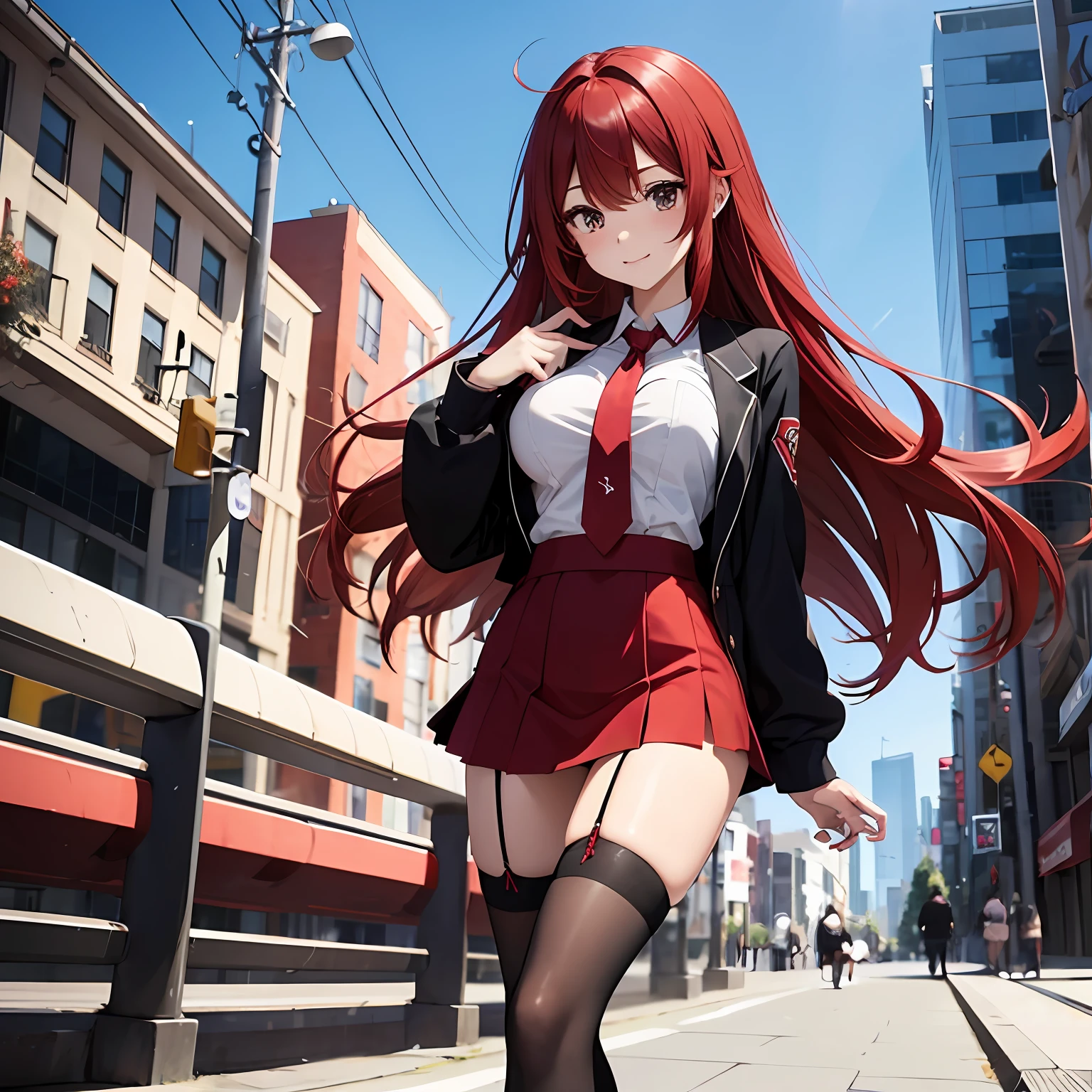 girl,teens girl,flatchest,Red long-haired,Playful and cute,Crimson pupils,vivaciousness,Increased exposure,Cheerful personality,leg loops,Red and white sneakers,solo person,Eyes have light,solo person,adolable,quadratic element,14岁,cartoony,ssmile,anime big breast,Black suit,red necktie,In the city,a black skirt,are standing,pedestrians,black lence stockings --auto