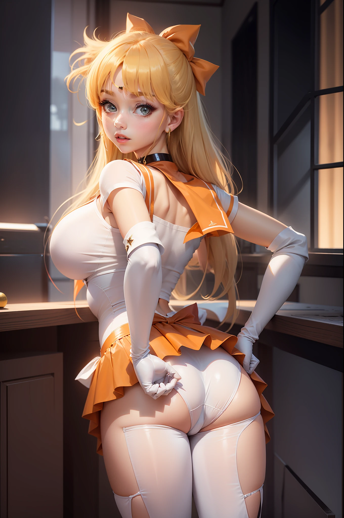 sailor_senshi_uniform、sailor_venus、aino_minako、orange_sailor_collar、gold_sailor_collar、orange_skirt、gold_skirt、1girl、aunty、mature、A MILF、age 40s、Older、MILF、bow、skirt、long_hair、gloves、red_bow、magical_girl、elbow_gloves、choker、blonde_hair、solo、ass、widehip、earrings、back_bow、jewelry、underwear、panties、leotard、highleg、orange_choker、gold_choker、blue_eyes、half_updo、circlet、red_head_ribbon、hair_bow、looking_back、rating:questionable、white_gloves、breasts、standing、white_panties、white_leotard、from_behind、large_breasts、big_breasts、miniskirt、pleated_skirt、indoors、class_room