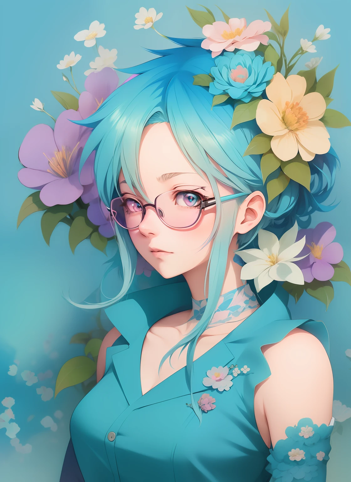 anime girl with blue hair and glasses with flowers in her hair, detailed digital anime art, anime styled digital art, digital anime illustration, beautiful anime art style, digital art on pixiv, anime style portrait, beautiful anime portrait, anime style 4 k, anime girl with teal hair, digital anime art, anime style illustration, anime art style, kawaii realistic portrait