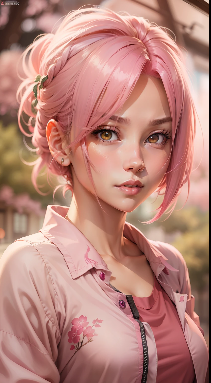 anime girl with pink hair and a pink shirt posing for a picture, sakura haruno, haruno sakura, sakura haruno in slug sage mode, anime inspired, anime style, 8k, anime style 4k, naruto art style, realistic anime art style, beautiful anime girl.