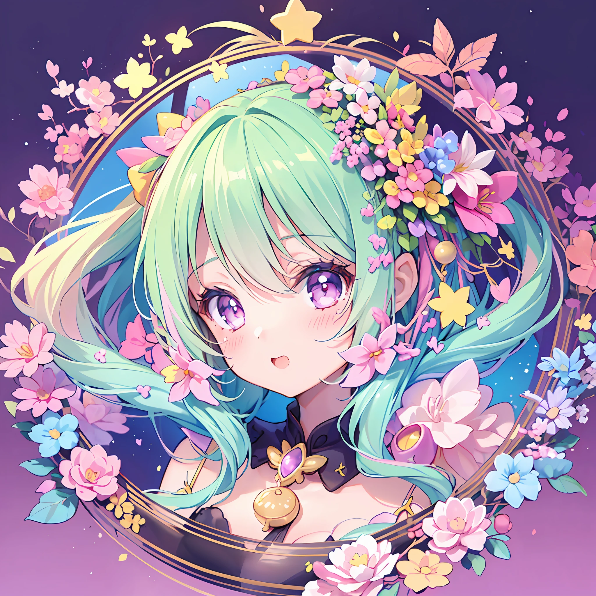 masterpiece, (2girls and 2girls), idol, closeup, big eyes, kawaiitech, kawaii, cute, pastel colors, best quality, happy, deep background, symmetrical, tilted head