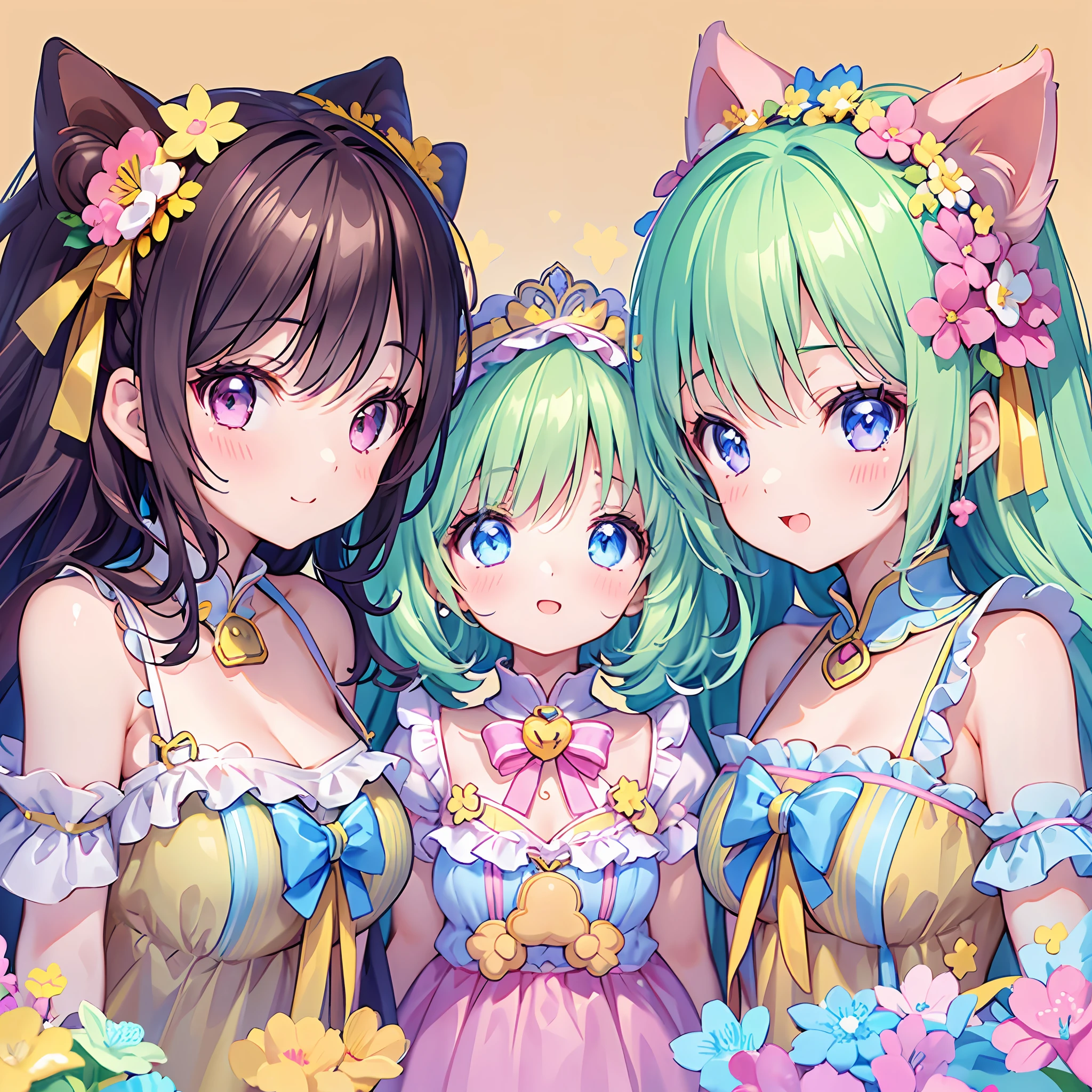 masterpiece, (2girls and 2girls), idol, closeup, big eyes, kawaiitech, kawaii, cute, pastel colors, best quality, happy, deep background, symmetrical, tilted head