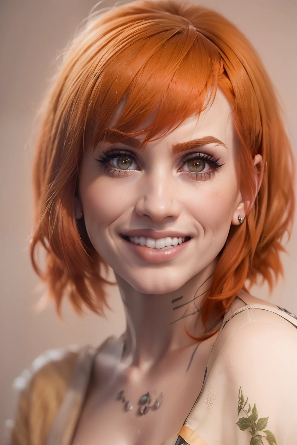 (((Hayley Williams steht in ihrem Fotoatelier)), ((she is smiling)), ((she has round breasts)), (she's wearing an open shirt), (kleiner Kopf), ((detailliertes Gesicht)), (fotorealistisch), (Raytracing), (scharfer Fokus), ((natural realistic skin texture)), detaillierte Lippen