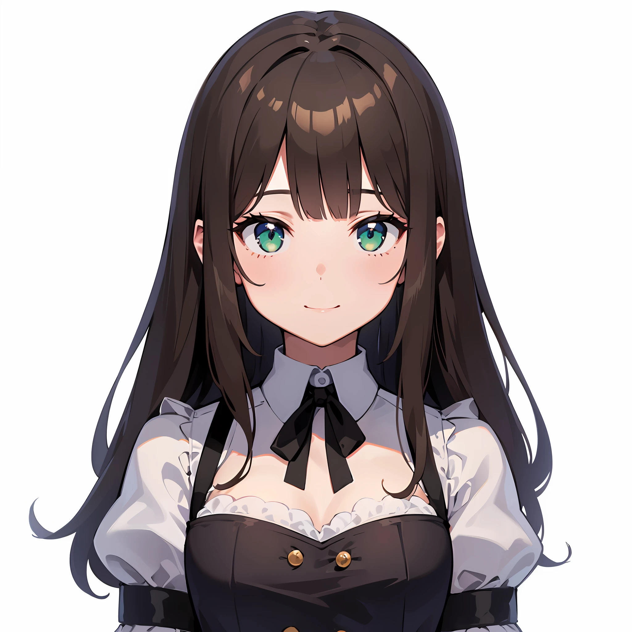 (masterpiece:1.3), (best quality:1.3), high resolution,
upper body,
(upright:1.3), (arms at sides:1.3),
(one cute girl:1.3), solo,
white skin, small Breast, eight-headed person,
light brown hair, long hair, straight hair, (blunt bangs:1.2), beautiful hair, green eyes, drooping eyes, beautiful detailed eyes,
cheerful smile,
maid,
(white background:1.2), simple background,
concept art, three-sided view, reference sheet, shadowlighting,