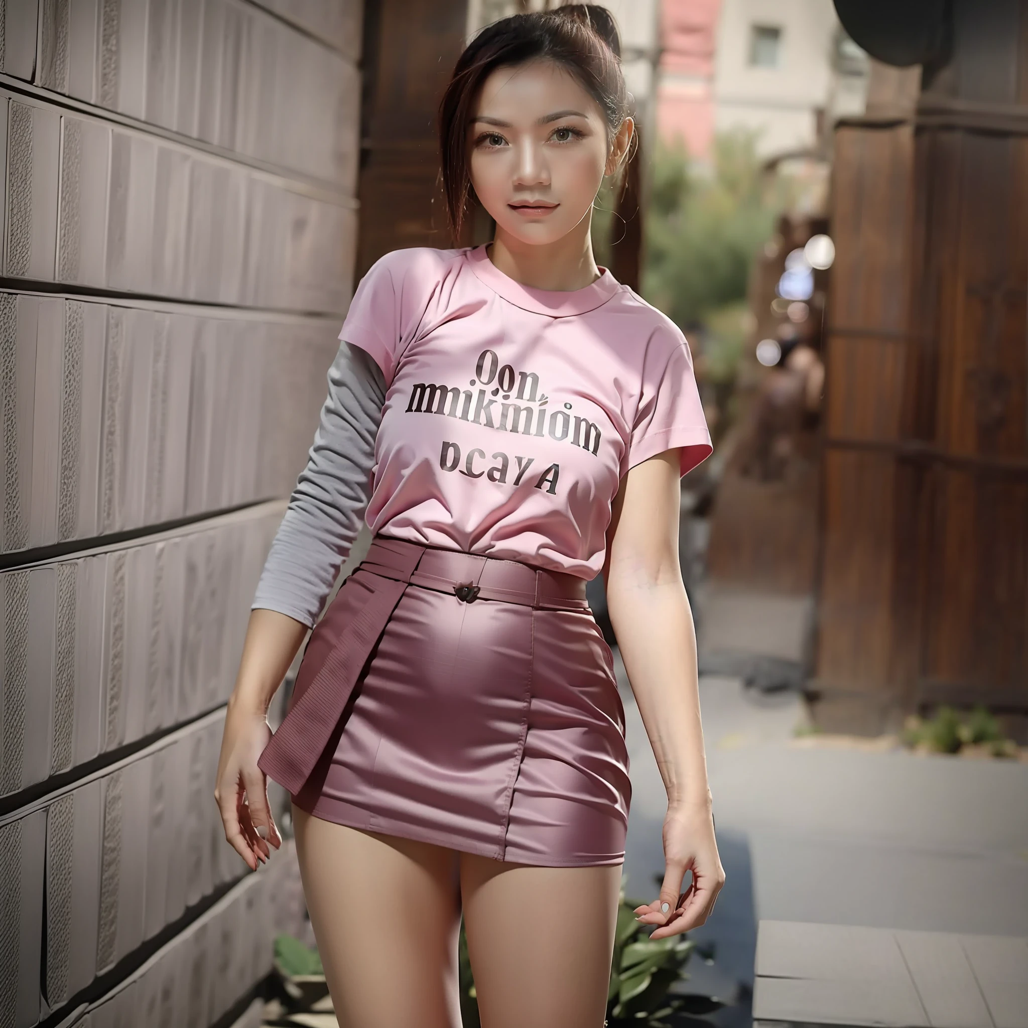 Woman, Little smile, glare, pink lips, Wearing a pink shirt with blue miniskirt, red nails, long stockings, Facing the front, in the middle of town, sunset