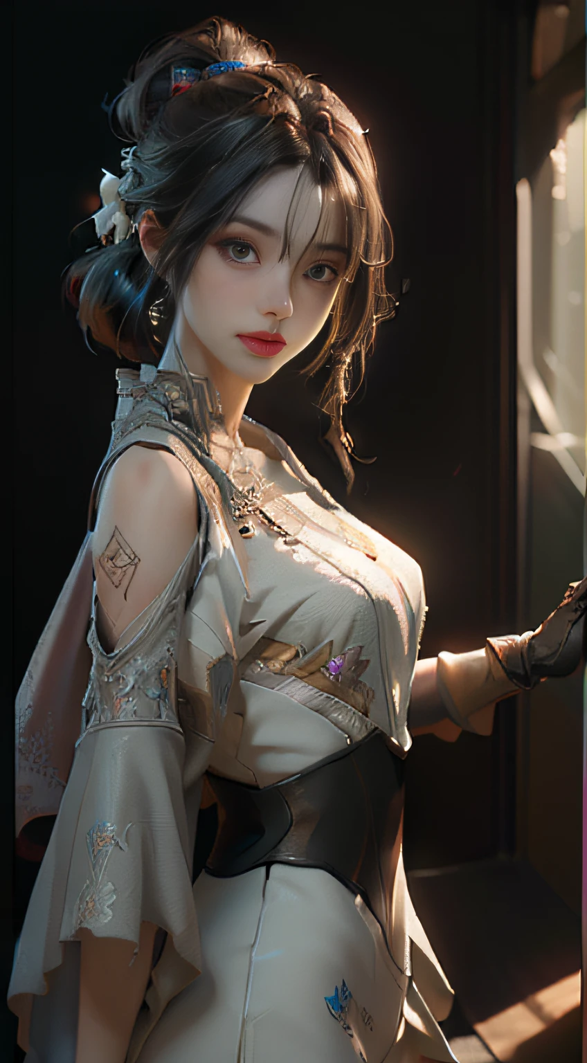 ((Best quality)), ((masterpiece)), (detailed:1.4), 3D, an image of a beautiful cyberpunk female,HDR (High Dynamic Range),Ray Tracing,NVIDIA RTX,Super-Resolution,Unreal 5,Subsurface scattering,PBR Texturing,Post-processing,Anisotropic Filtering,Depth-of-field,Maximum clarity and sharpness,Multi-layered textures,Albedo and Specular maps,Surface shading,Accurate simulation of light-material interaction,Perfect proportions,Octane Render,Two-tone lighting,Wide aperture,Low ISO,White balance,Rule of thirds,8K RAW,