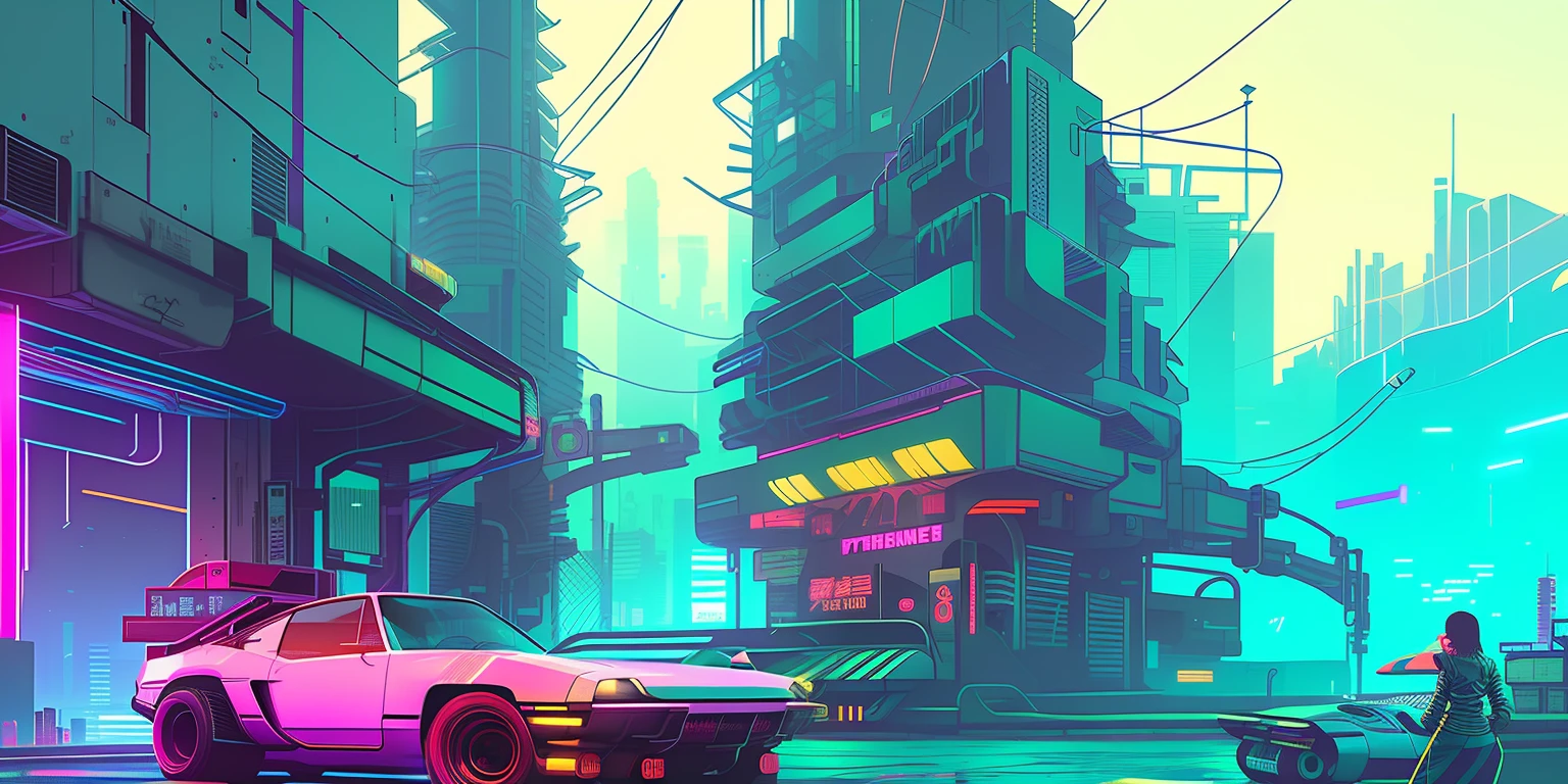Close up of car on city street on neon background, Cyberpunk art style, cyberpunk garage on jupiter, cyberpunk atmosphere, Cyberpunk vibe, dreamy colorful cyberpunk colors, cyberpunk aesthetics, cyberpunk theme art, cyberpunk vibrant colors, cyberpunk aesthetics, cyberpunk shading, cyberpunk artstyle, Cyberpunk Street, Aesthetic cyberpunk, Cyberpunk art of a, muted cyberpunk style, cyberpunk anime art,cyber punk style,The background details of cyberpunk should be rich,Gorgeous background,Synthetic vintage neon light,There are large spaceships,Cool sports car,A half-mechanical sexy girl with a heavy weapon,The proportion of girls occupying the picture is relatively small,And the girl is located on the right side of the picture,There are also many strangely shaped weapons on the sports car