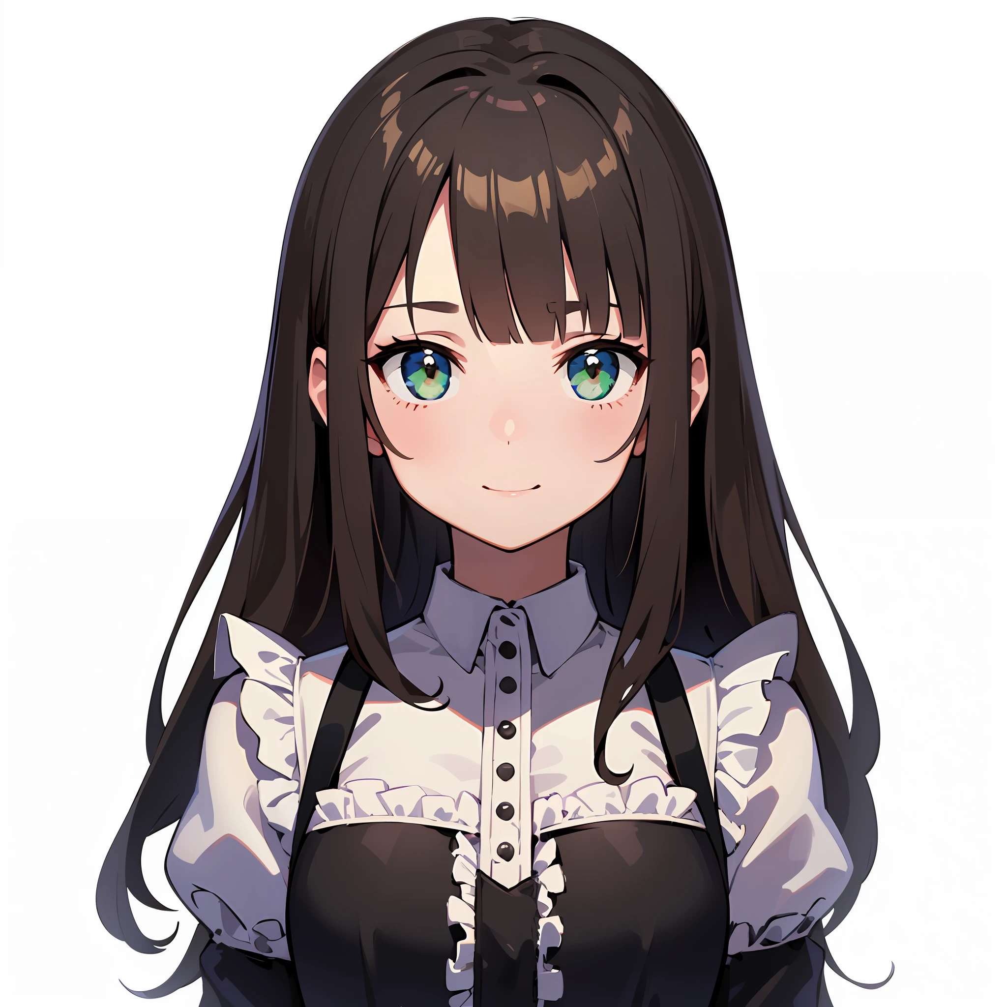 (masterpiece:1.3), (best quality:1.3), high resolution, 


upper body, 
(upright:1.3), (arms at sides:1.3), 

(one cute girl:1.3), solo, 
white skin, small Breast, eight-headed person, 
light brown hair, long hair, straight hair, (blunt bangs:1.2), beautiful hair, green eyes, drooping eyes, beautiful detailed eyes, 

cheerful smile, 

maid, 

(white background:1.2), simple background, 

concept art, three-sided view, reference sheet, shadowlighting,