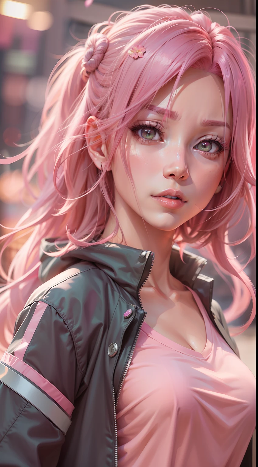 anime girl with pink hair and a pink shirt posing for a picture, sakura haruno, haruno sakura, sakura haruno in slug sage mode, anime inspired, anime style, 8k, anime style 4k, artwork in the style of guweiz, naruto art style, realistic anime art style, beautiful anime girl.