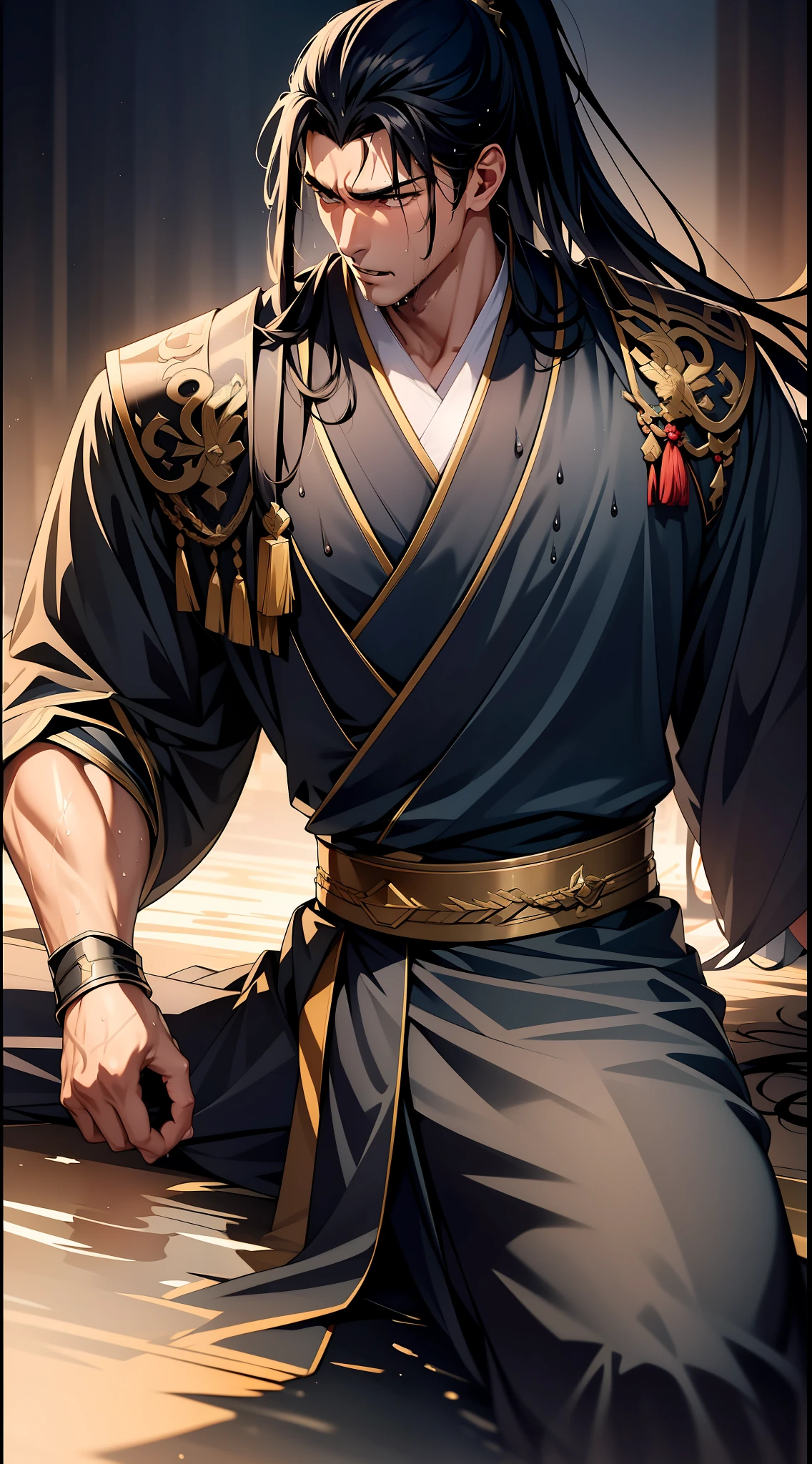Two-dimensional, anime style, man (male warrior), muscle, correct proportions, face details, martial arts, high ponytail hairstyle, sweating, sweaty face, drooling, neck details, with Adam's apple, wet, wet, Hanfu costume, long robe, embroidered robe, dragon robe, clothing details, collar, long sleeves, game quality, swordsman demeanor, light and shadow tracing, ray tracing, detail glow, CG rendering, hair details, long black hair, golden eyes, sweaty face, handsome, handsome, sweat beads slipping down the neck, (juvenile feeling), complex clothing, wet, wet, perfect composition, refinement, high quality, more details, a lot of details, complex background, atmosphere,
