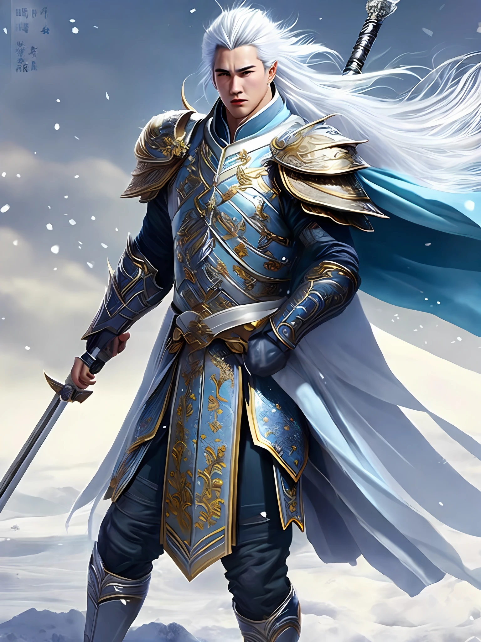 （tmasterpiece，top-quality，best qualityer，offcial art，Beauty and aesthetics：1.2），（1人），（warrior armor，White cape，long whitr hair：1.2），Serious，Full body armor，Holding a spear in his hand，Asian male，Thousands of troops，Chinese armor，Chinese face，Fairy style，flowy，icy，Silvertone，male people，zhao yun，Zhao Zilong，Fair face，White skin，Fierce expression，Snow-white face，Pale light blue hair，Icy expression，gritting teeth，Extremely refined，Lots of details