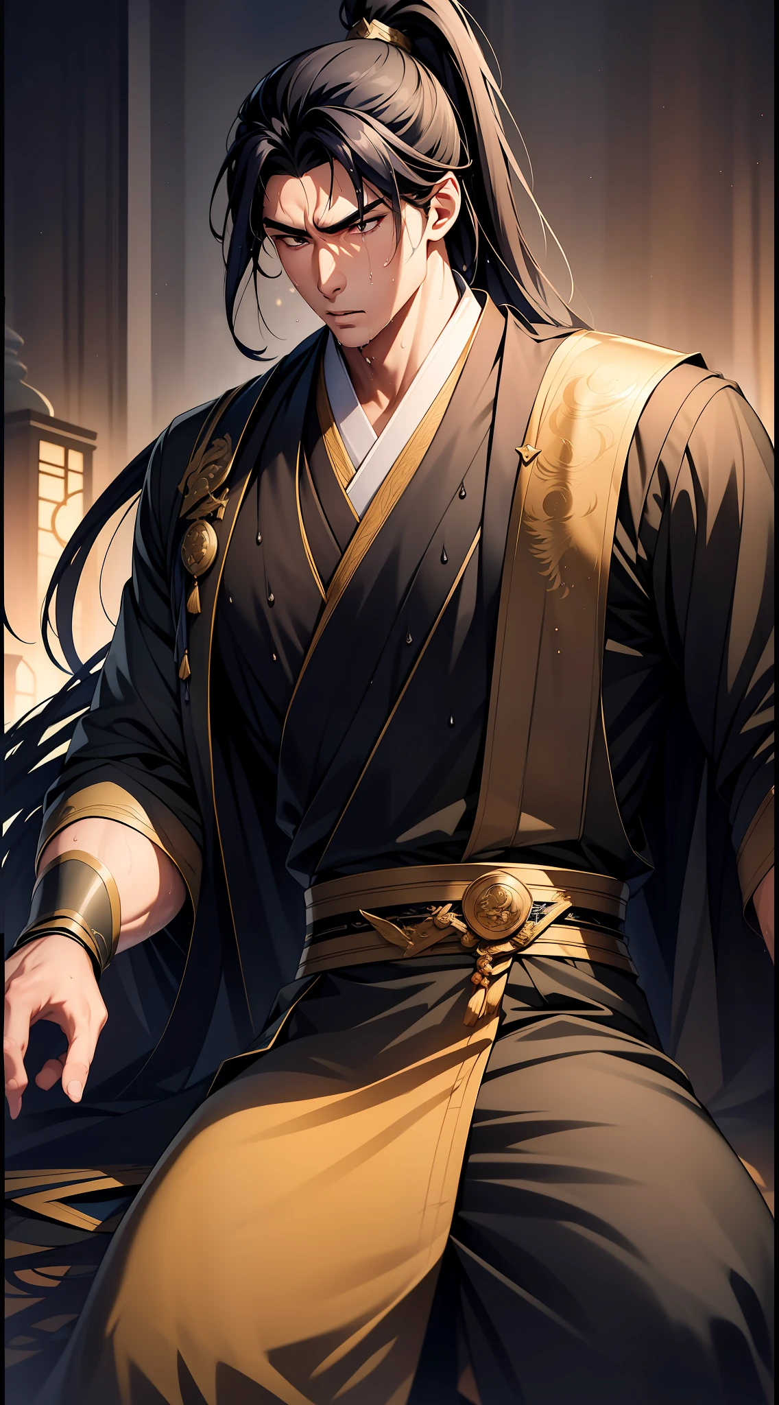 Two-dimensional, anime style, man (male warrior), muscle, correct proportions, face details, martial arts, high ponytail hairstyle, sweating, sweaty face, drooling, neck details, with Adam's apple, wet, wet, Hanfu costume, long robe, embroidered robe, dragon robe, clothing details, collar, long sleeves, game quality, swordsman demeanor, light and shadow tracing, ray tracing, detail glow, CG rendering, hair details, long black hair, golden eyes, sweaty face, handsome, handsome, sweat beads slipping down the neck, (juvenile feeling), complex clothing, wet, wet, perfect composition, refinement, high quality, more details, a lot of details, complex background, atmosphere,